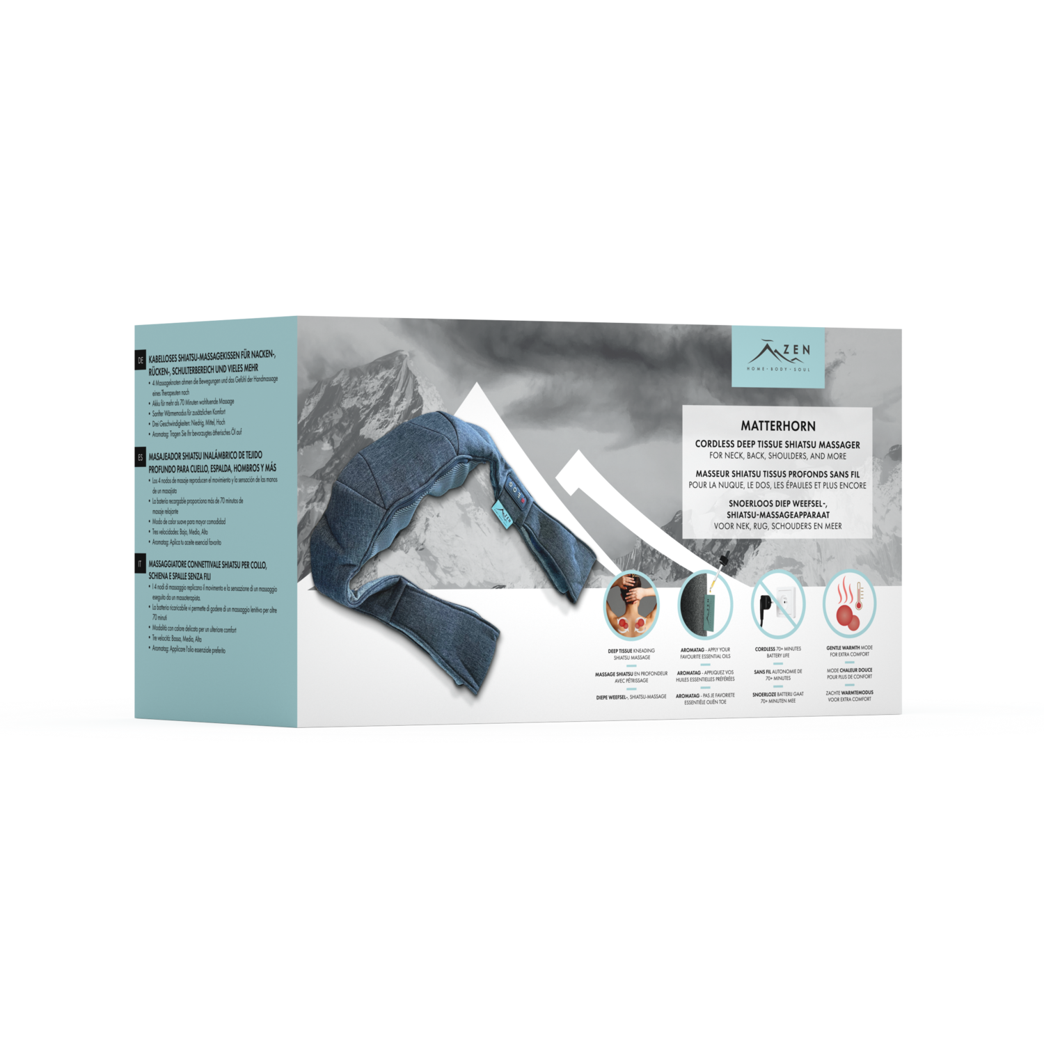 A product box showcasing a deep tissue shiatsu massager with text and illustrations.