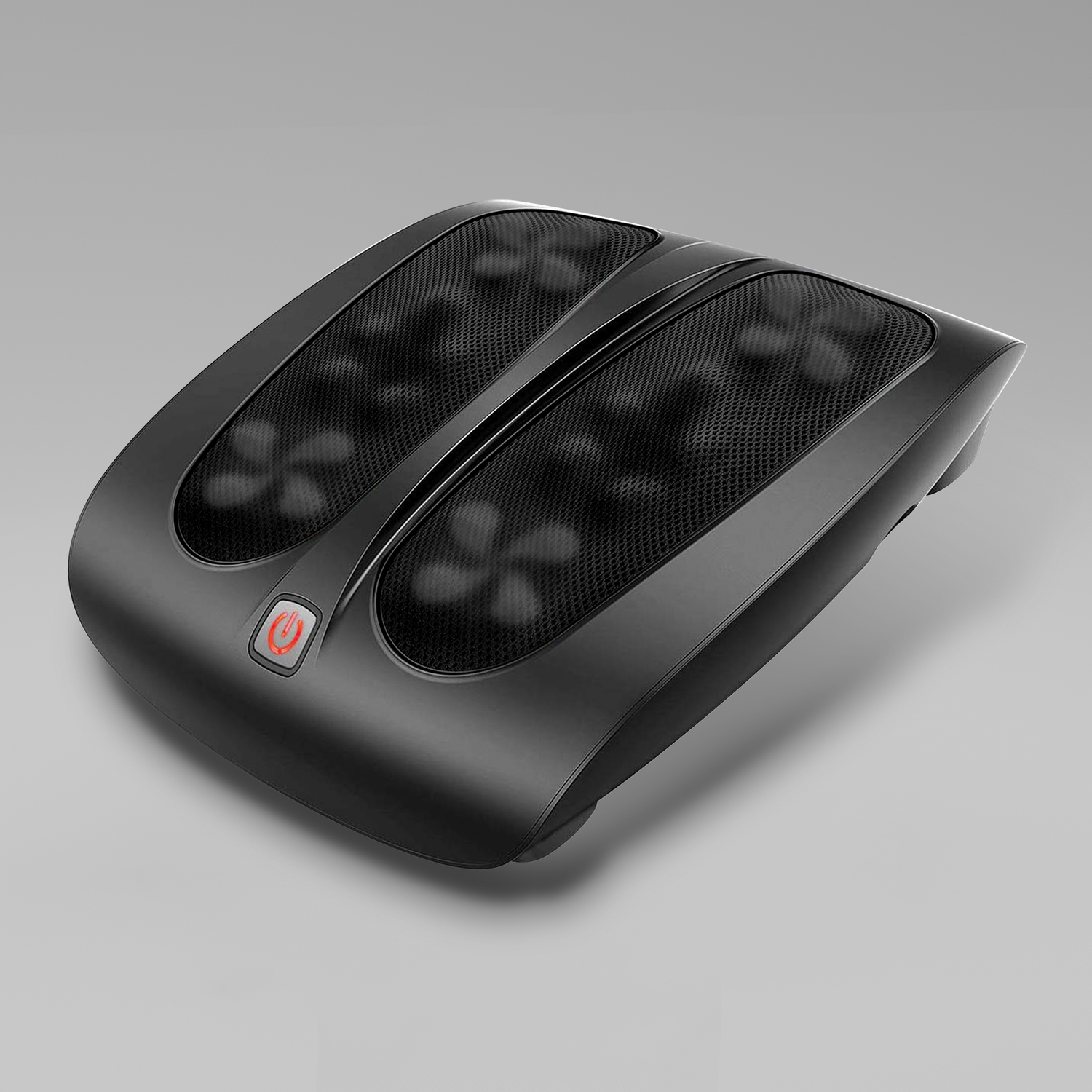 A black foot massager on a gray background with a power button.