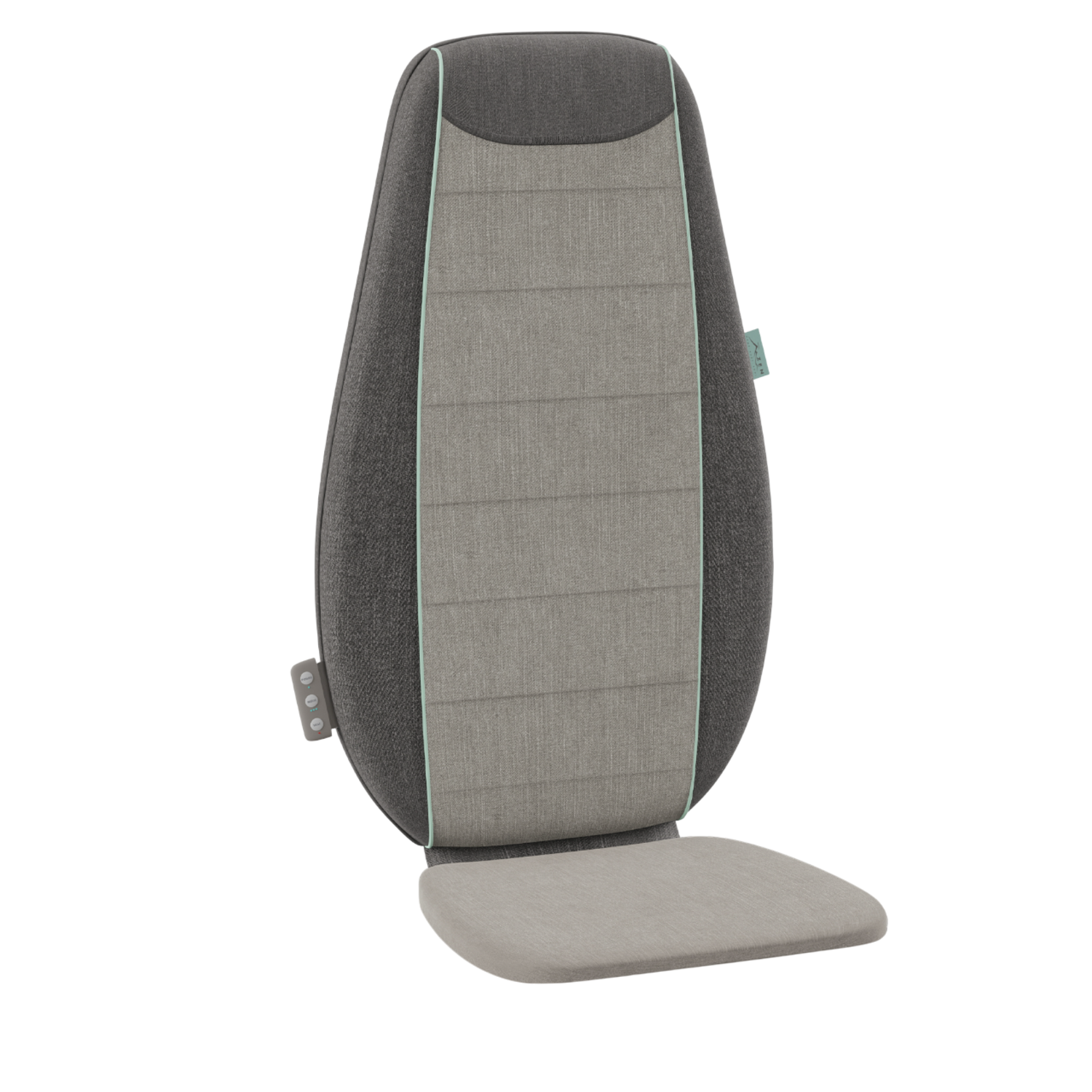 Support dorsal de chaise de massage gris et gris foncé. Garniture bleu clair. Boutons sur le côté.