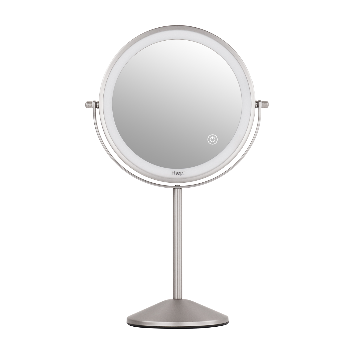 Een zilveren, ronde, verlichte make-upspiegel met een aan/uit-knop op een witte achtergrond.