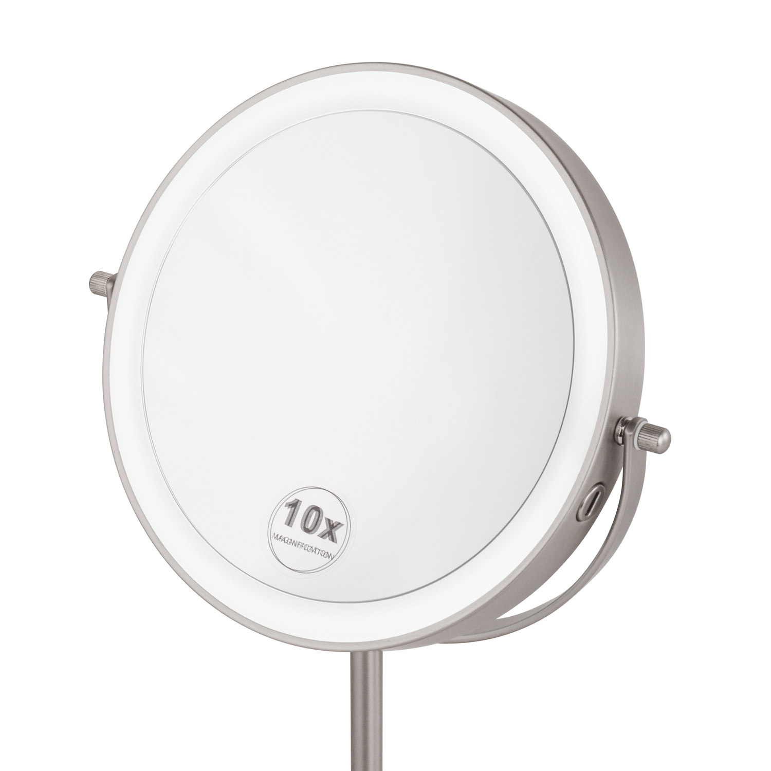Een zilverkleurige, ronde spiegel met ingebouwde LED-verlichting en 10x vergroting. Witte achtergrond.