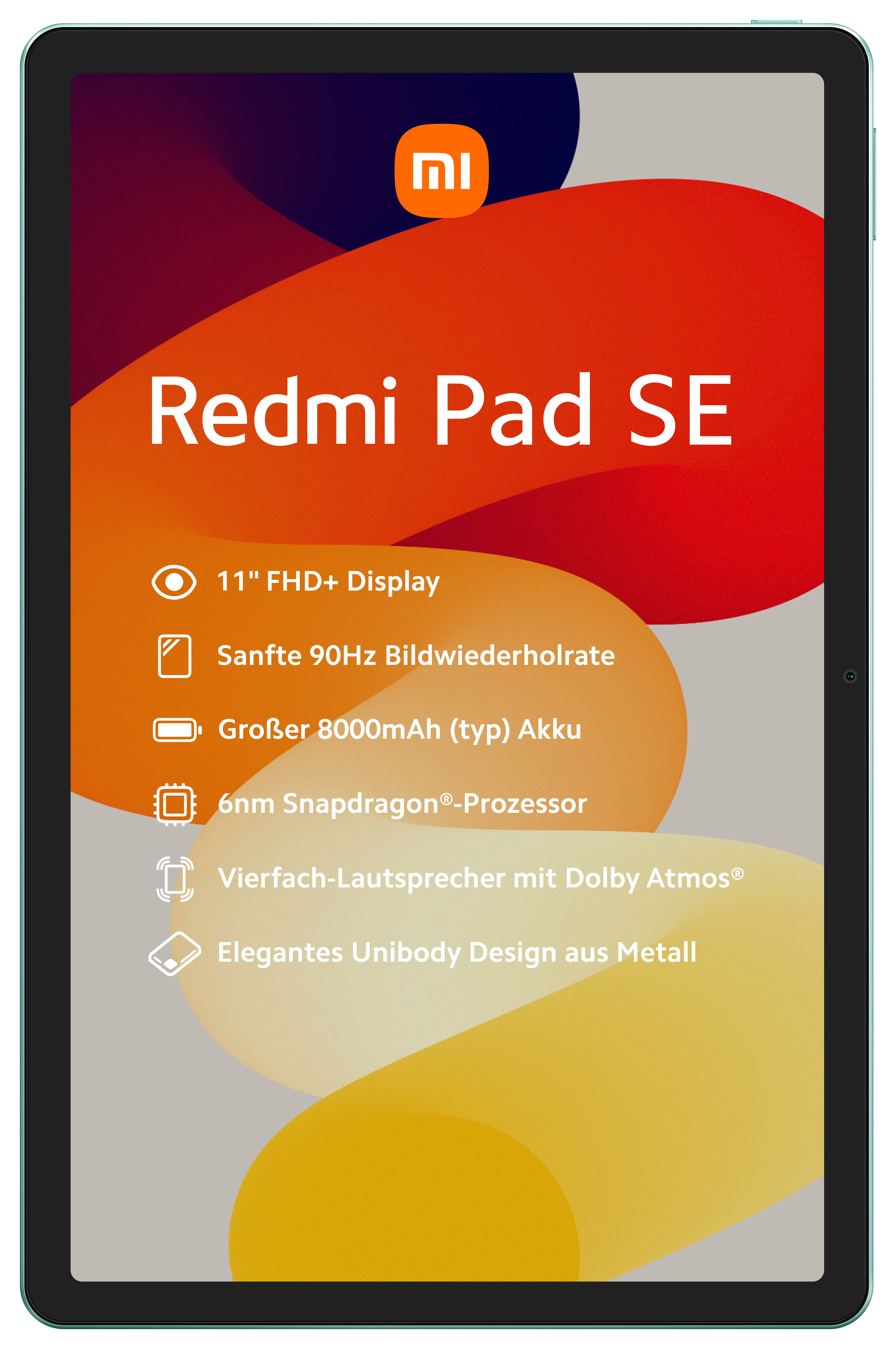 Ein Tablet mit bunter UI, Text und Logo. Der Text lautet Redmi Pad SE.