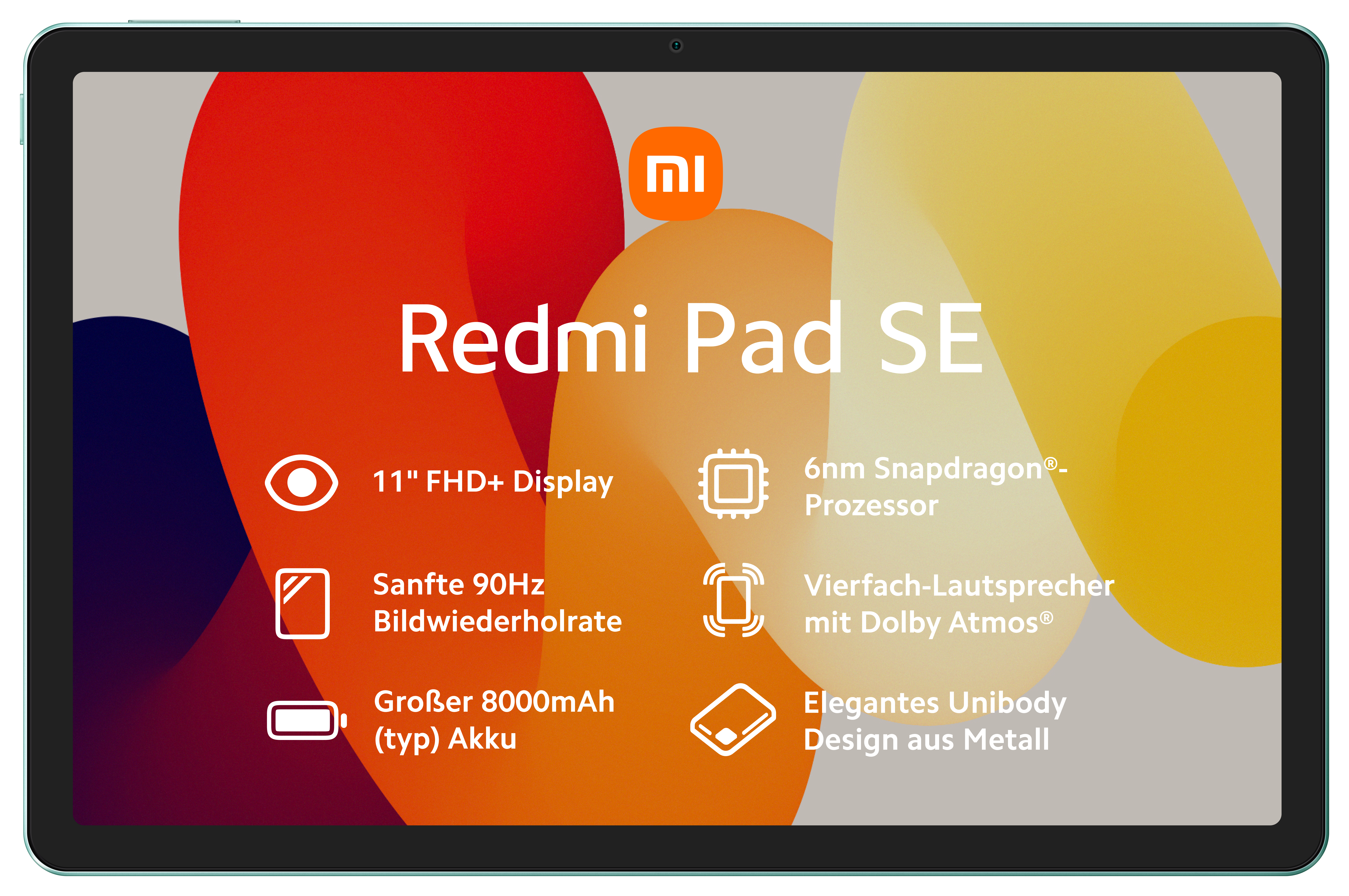 Ein Tablet mit rotem, gelbem und orangefarbenem Hintergrund. Der Text zeigt Redmi Pad SE.