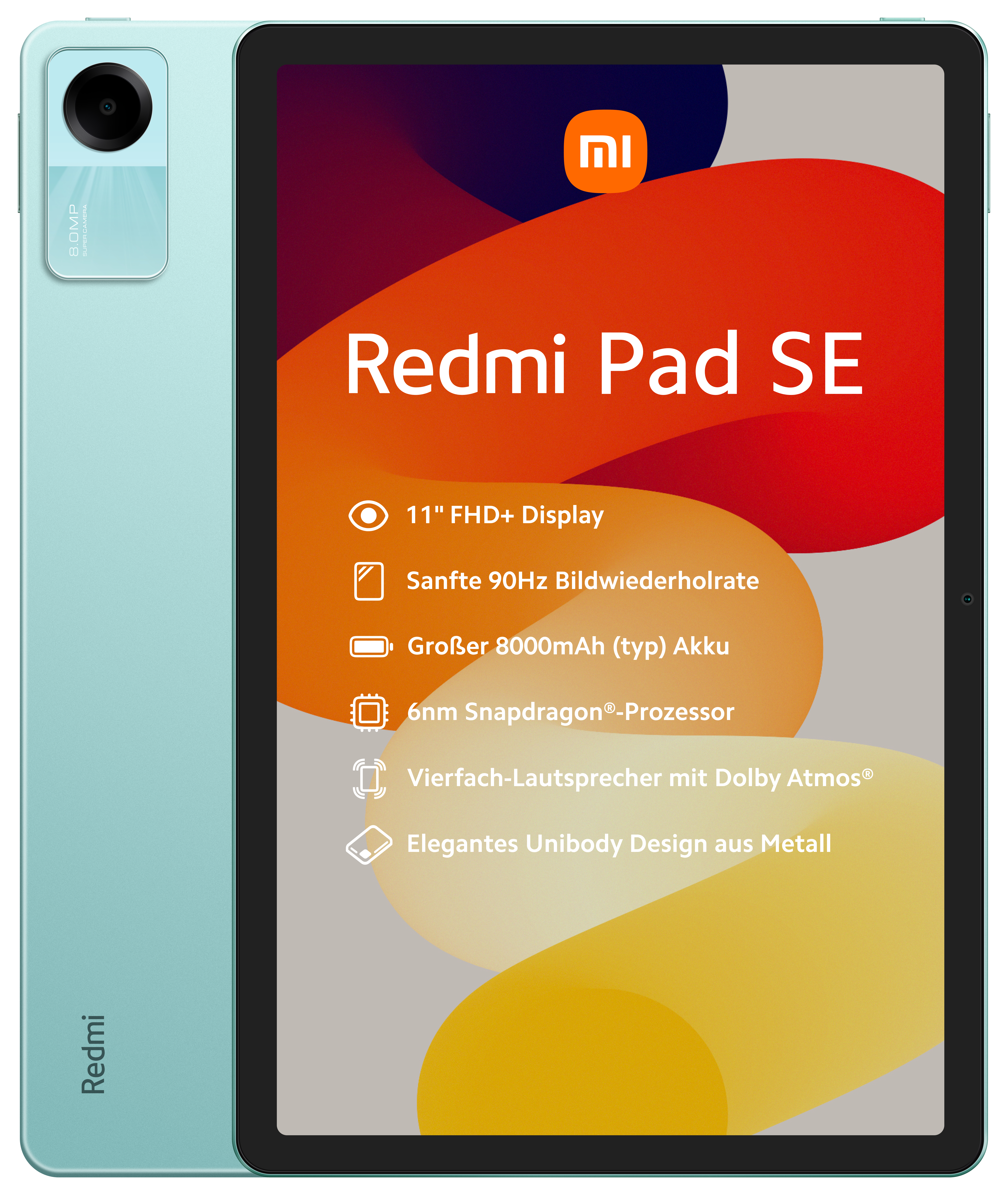 Ein türkisfarbenes Tablet mit dem Namen 'Redmi Pad SE' auf dem Bildschirm und einer Kamera an der Seite.
