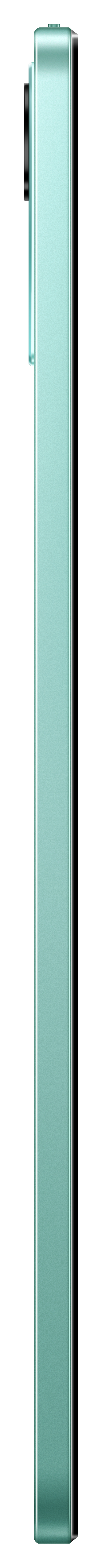 Seitenansicht eines hellgrünen Smartphones mit schwarzer Kamera auf weißem Hintergrund.