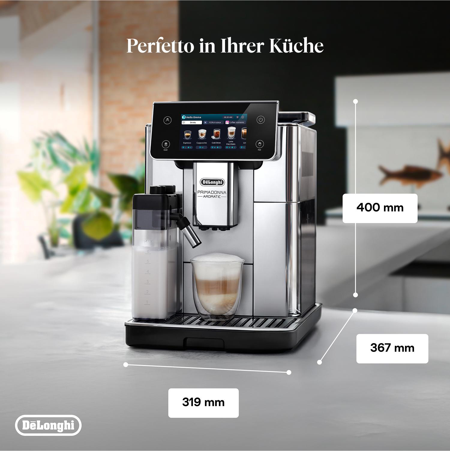 Delonghi Kaffeemaschine mit Latte Macchiato und Abmessungen.