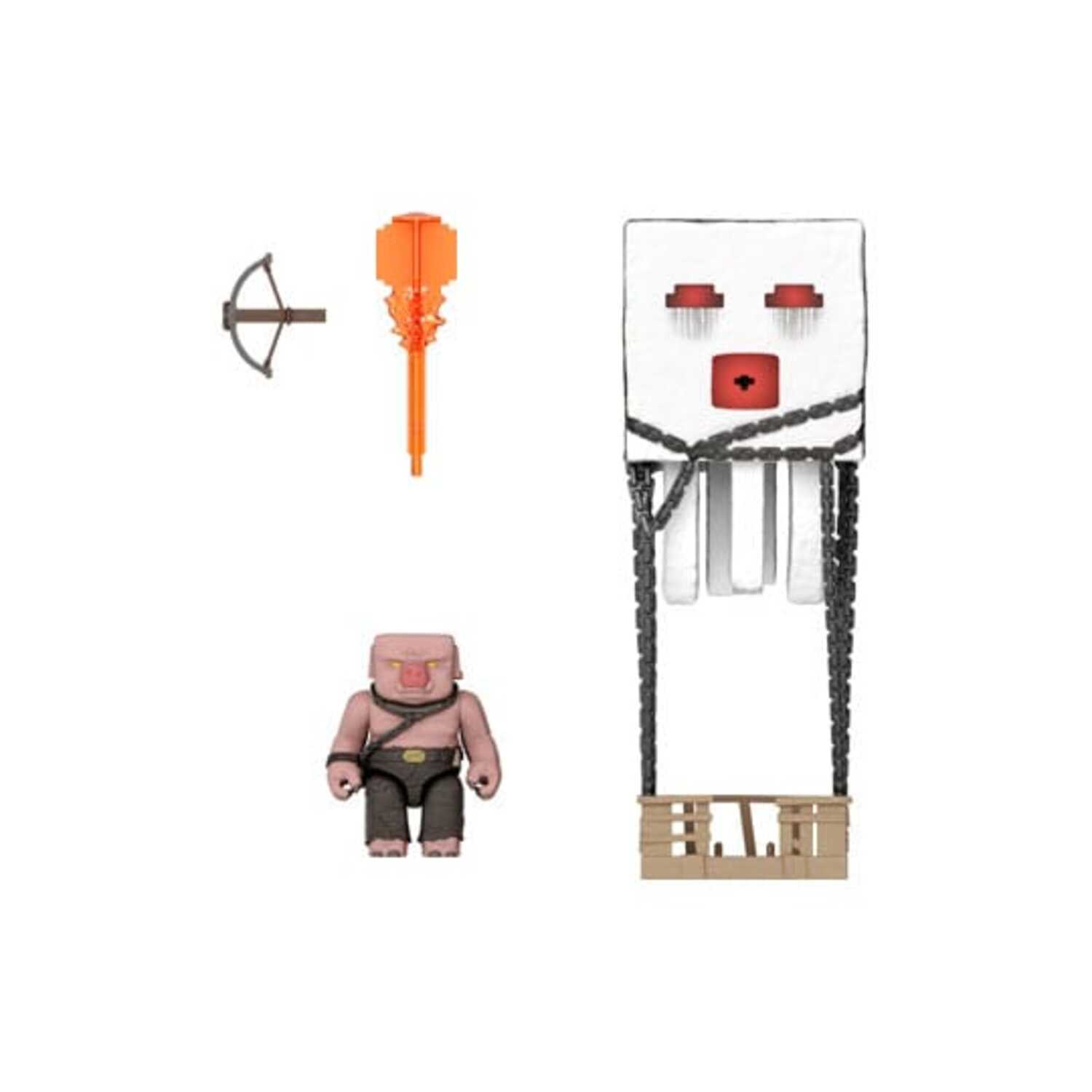 Minecraft-themed toys: a balloon-like structure, a crossbow, a mace, and a small pig-like figure.
