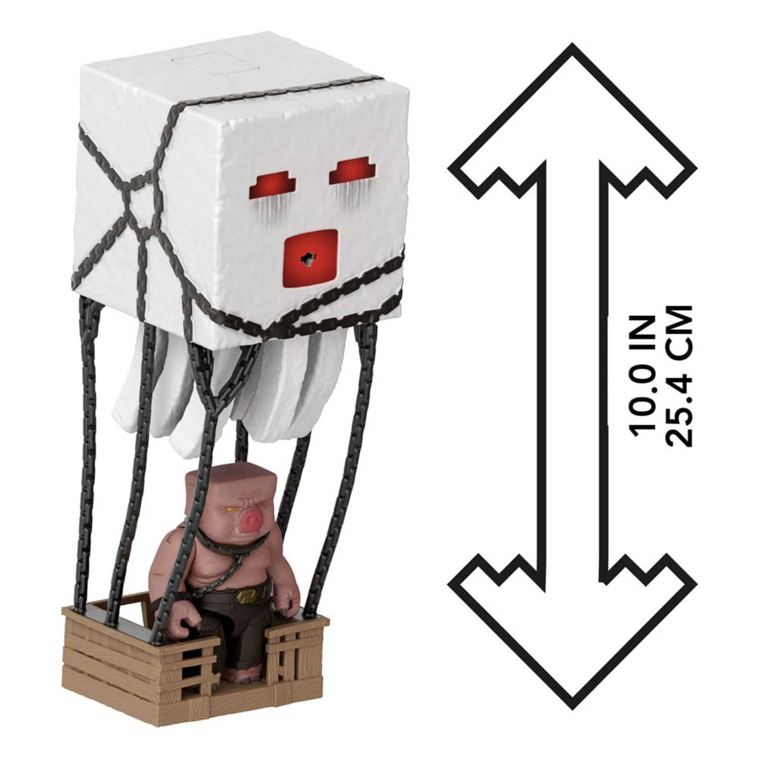 A Minecraft toy with a pig in a wooden basket being carried by a balloon.