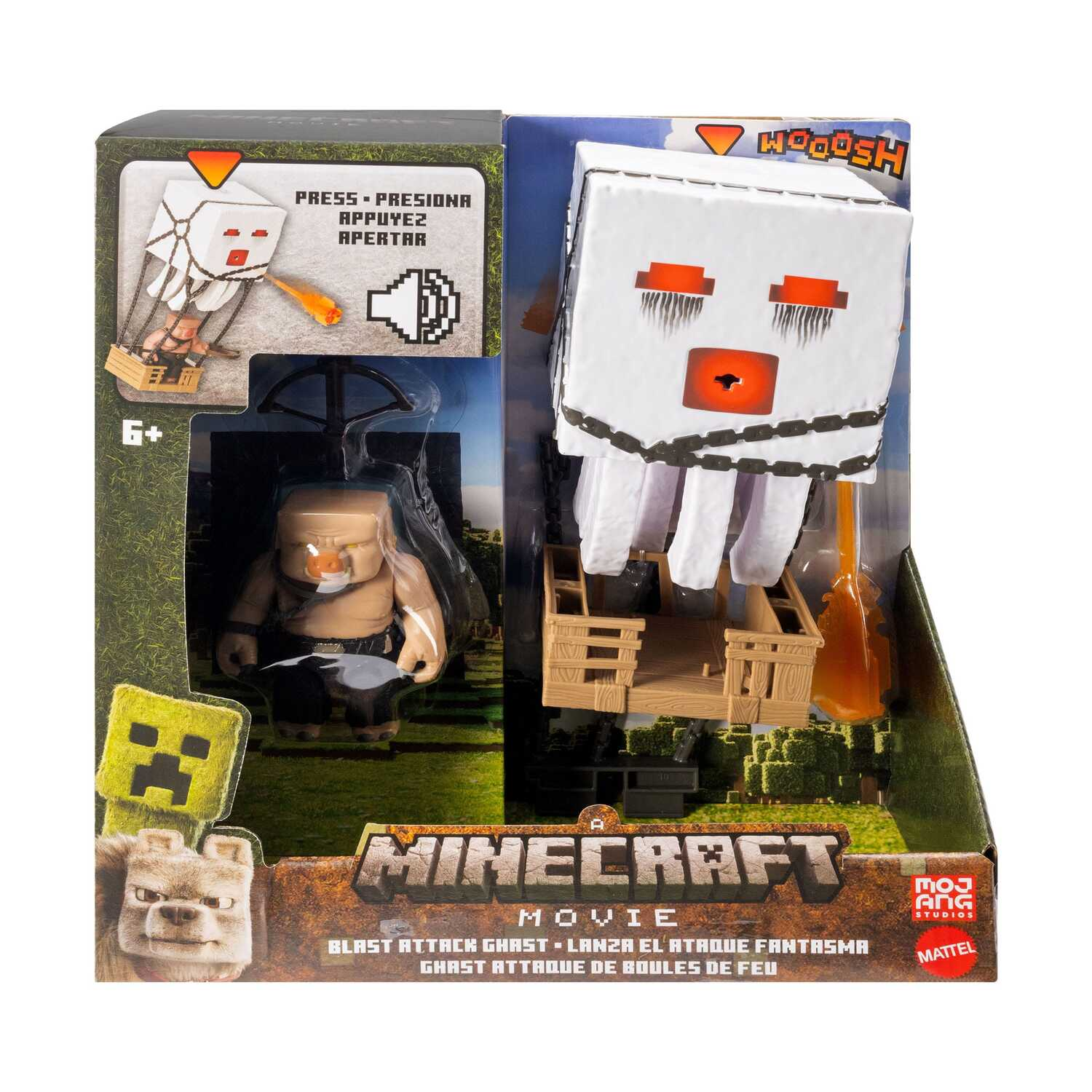 Minecraft toy set with a ghost figure and a pig-like creature in a box.