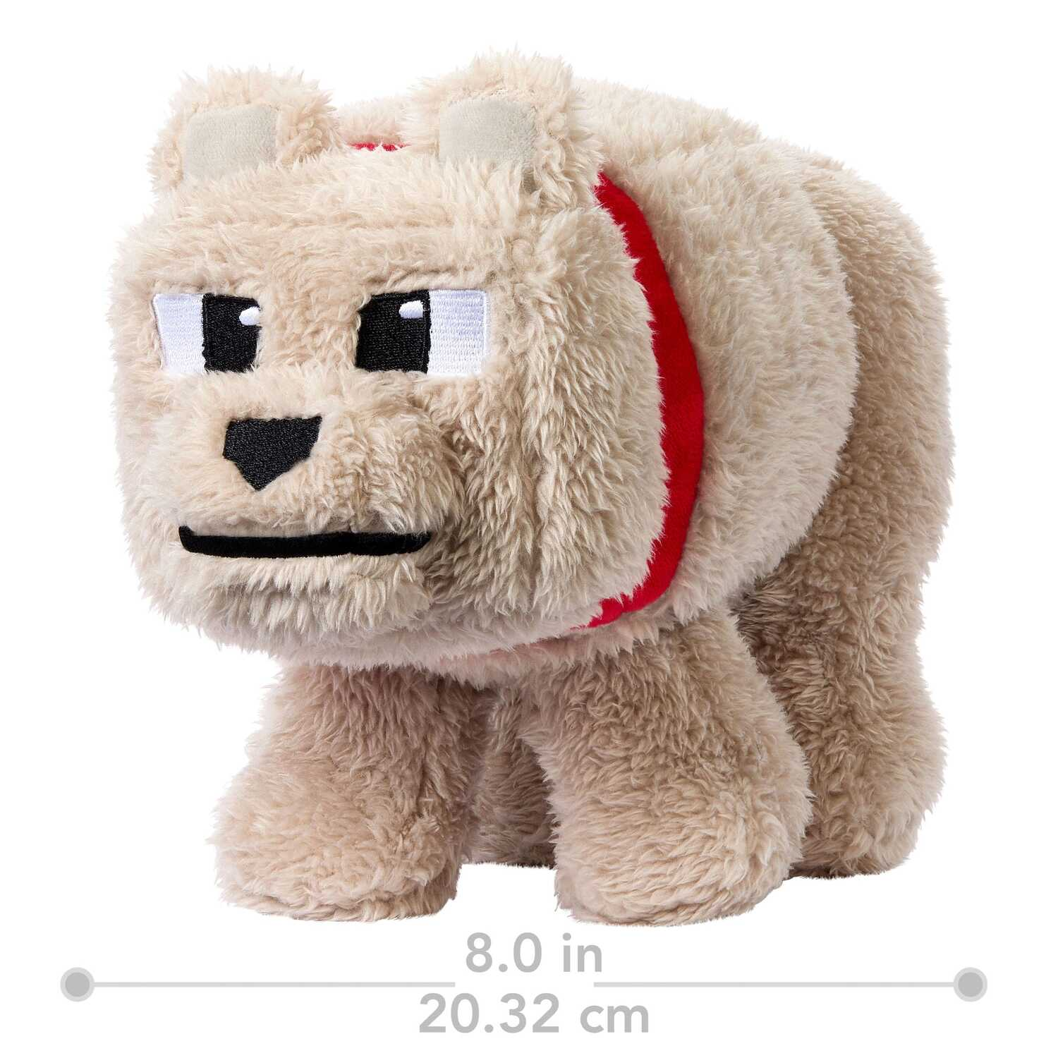 Minecraft bear plush toy, light brown with red collar. White background, dimensions below.