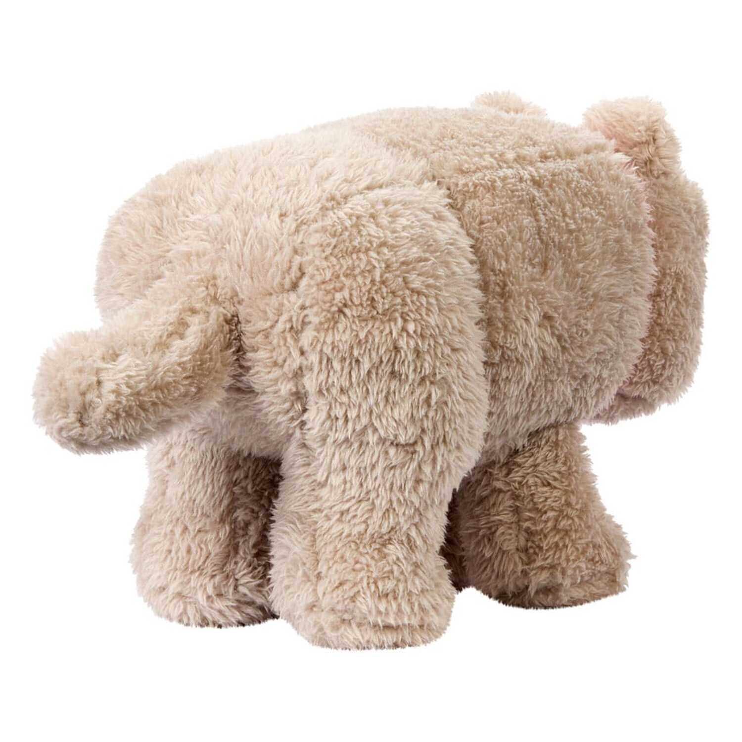 A toy elephant made of fluffy beige material. The background is white.