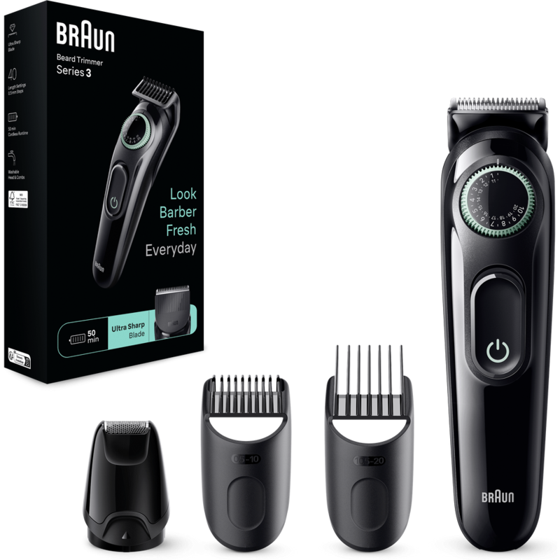 Recortadora de barba Braun negra con accesorios en caja. Incluye cabezales y cuerpo.