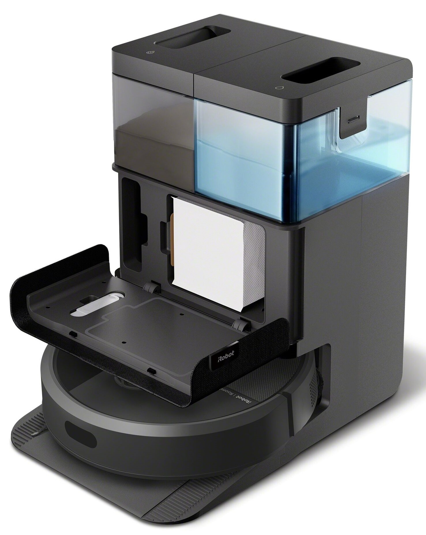 Odkurzacz automatyczny z pojemnikiem na wodę i tacą pokazującą akcesoria do czyszczenia.