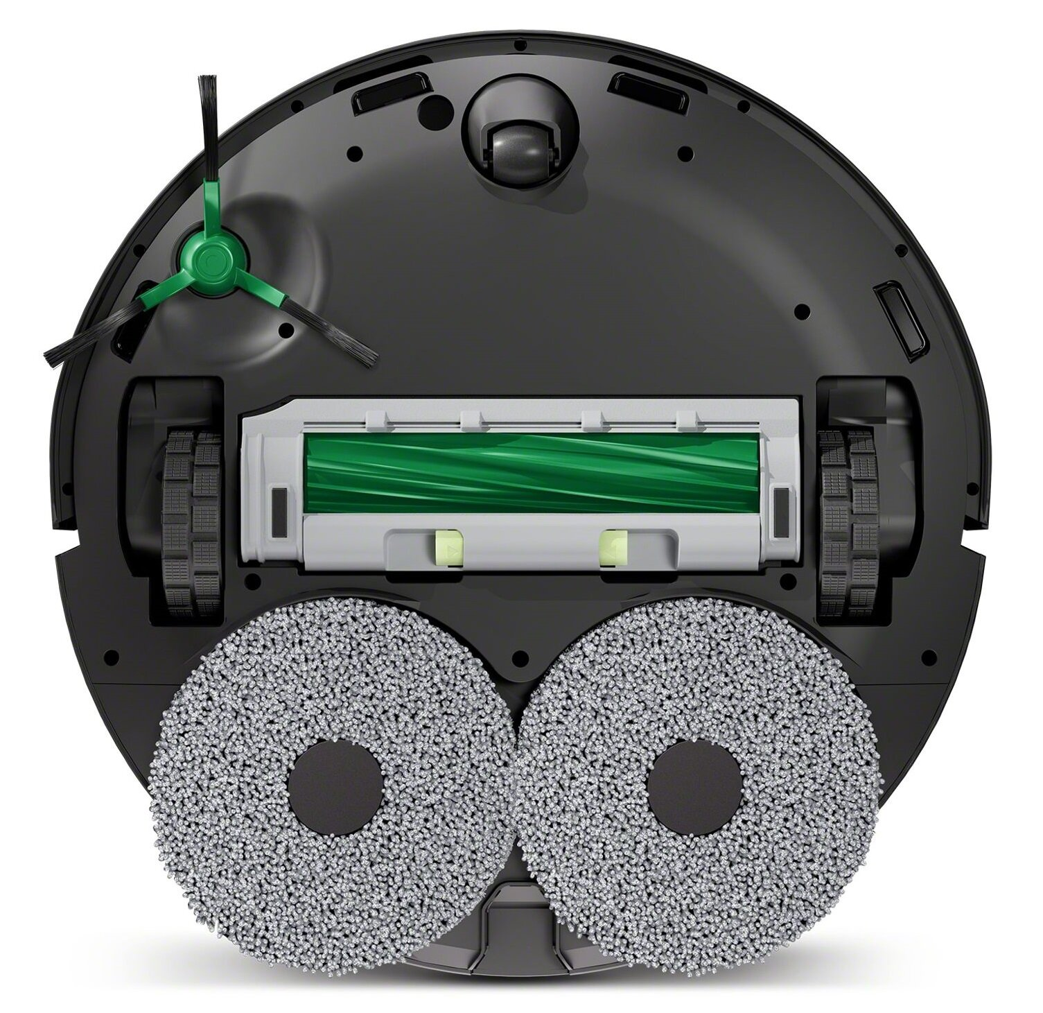 Spód czarnego robota sprzątającego ze szczotkami i kołami.
