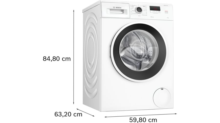 Una lavadora blanca con dimensiones: 84,80 cm alto, 63,20 cm ancho, 59,80 cm profundidad.