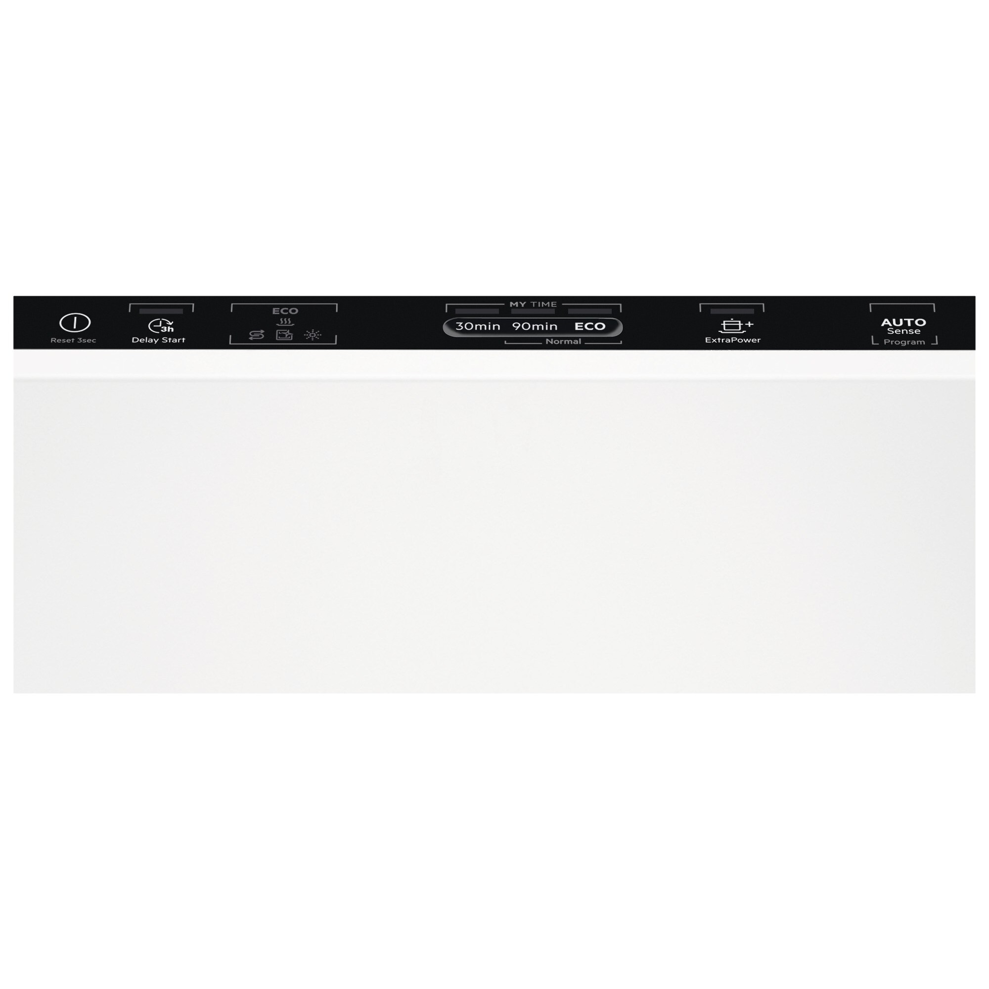 Panel de control del lavavajillas con botones para diferentes programas de lavado.