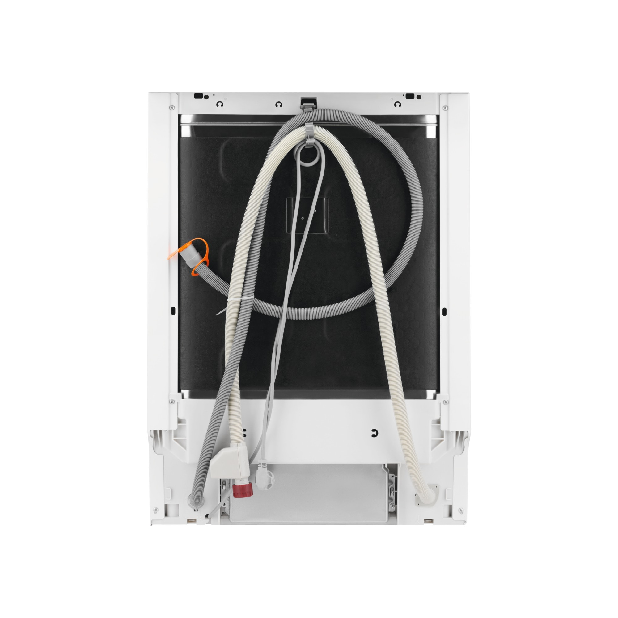 Parte trasera de un lavavajillas blanco con mangueras y cables visibles. Etiqueta naranja a la izquierda.