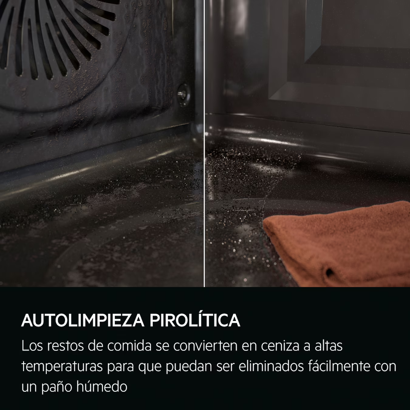 Autolimpieza pirolítica
Los restos de comida se convierten en ceniza a altas temperaturas para que puedan ser eliminados fácilmente con un paño húmedo.