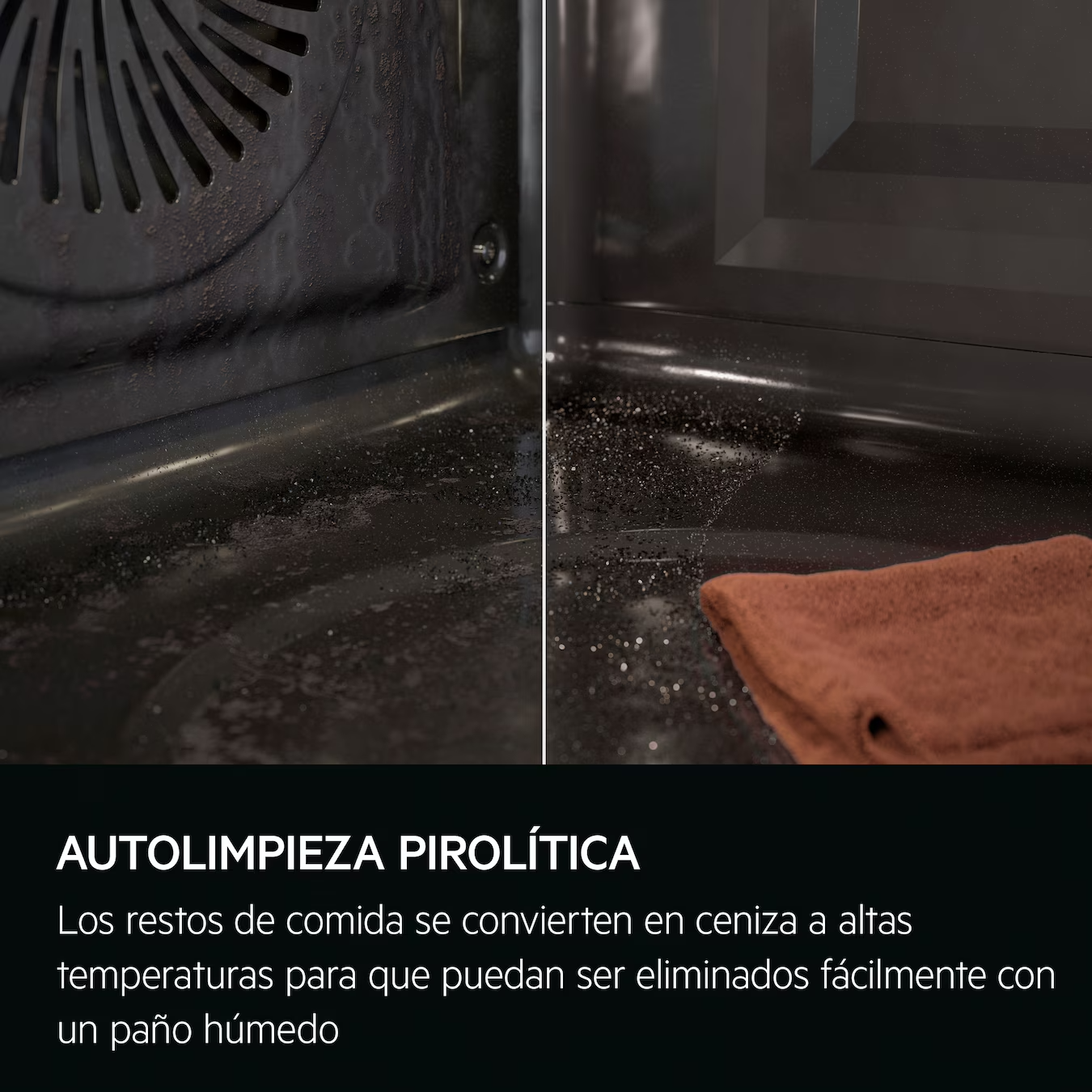 Dentro de un horno, que muestra la descripción de la función de autolimpieza pirolítica.