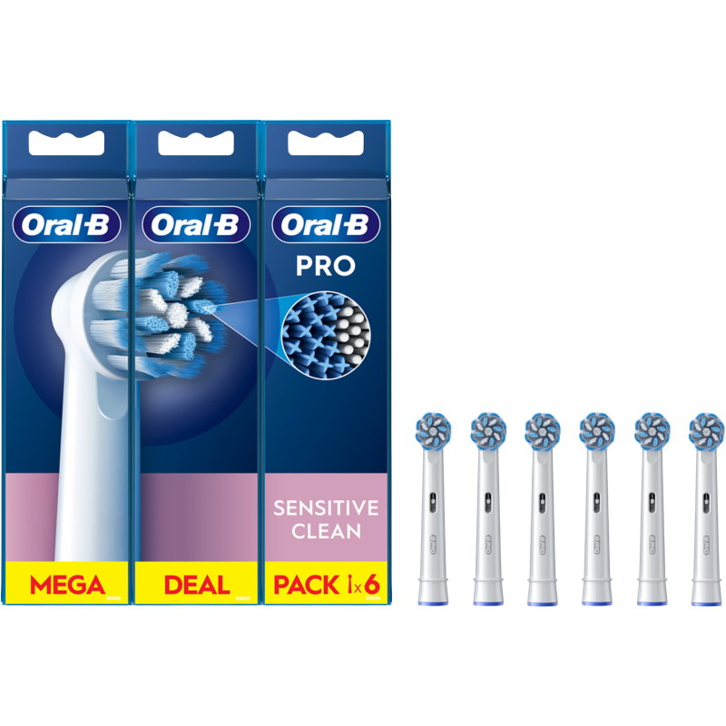 Cabezales de cepillo de dientes Oral-B Pro Sensitive Clean. Se ven tres paquetes y seis cabezales de repuesto.