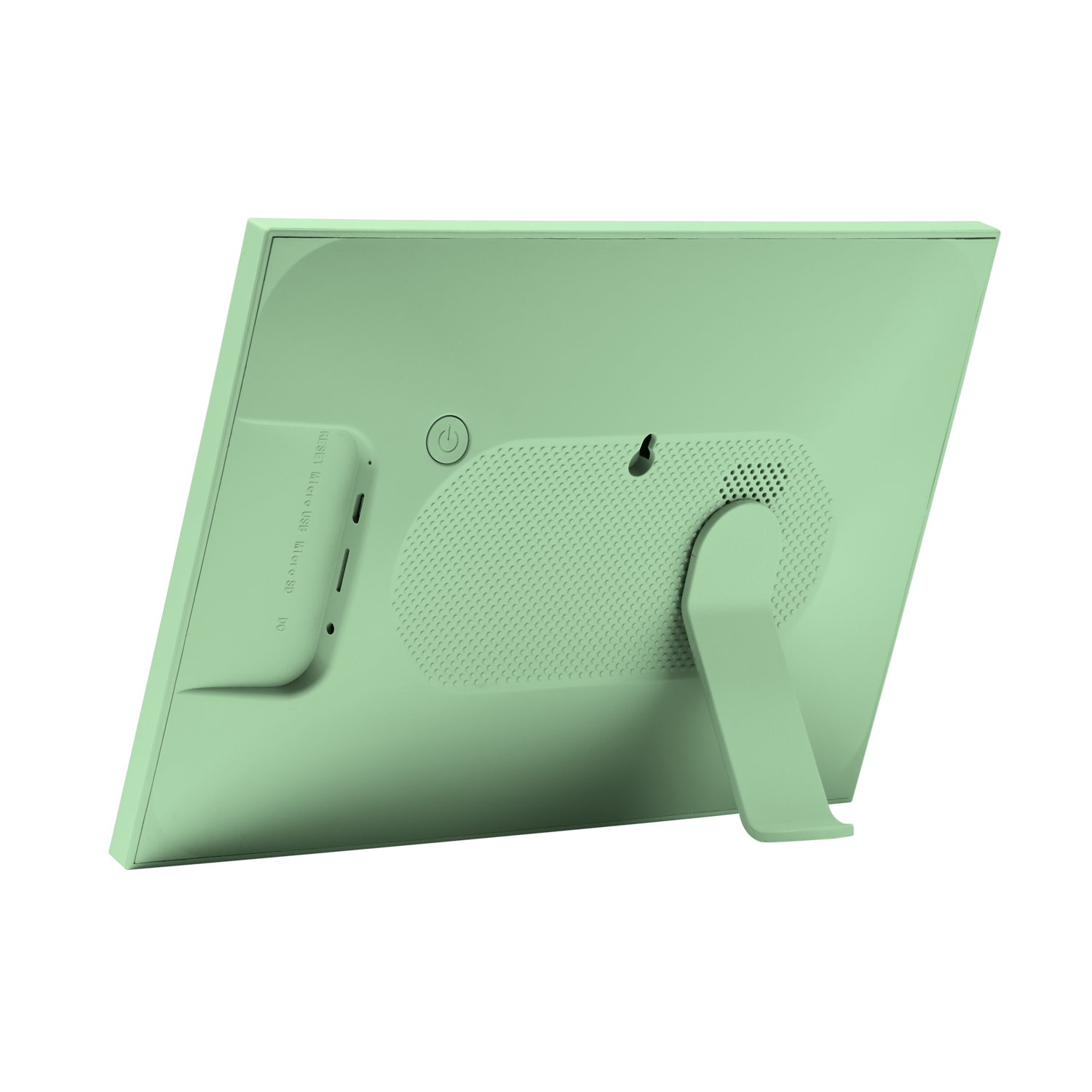 Rear view of a light green digital photo frame with a kickstand.