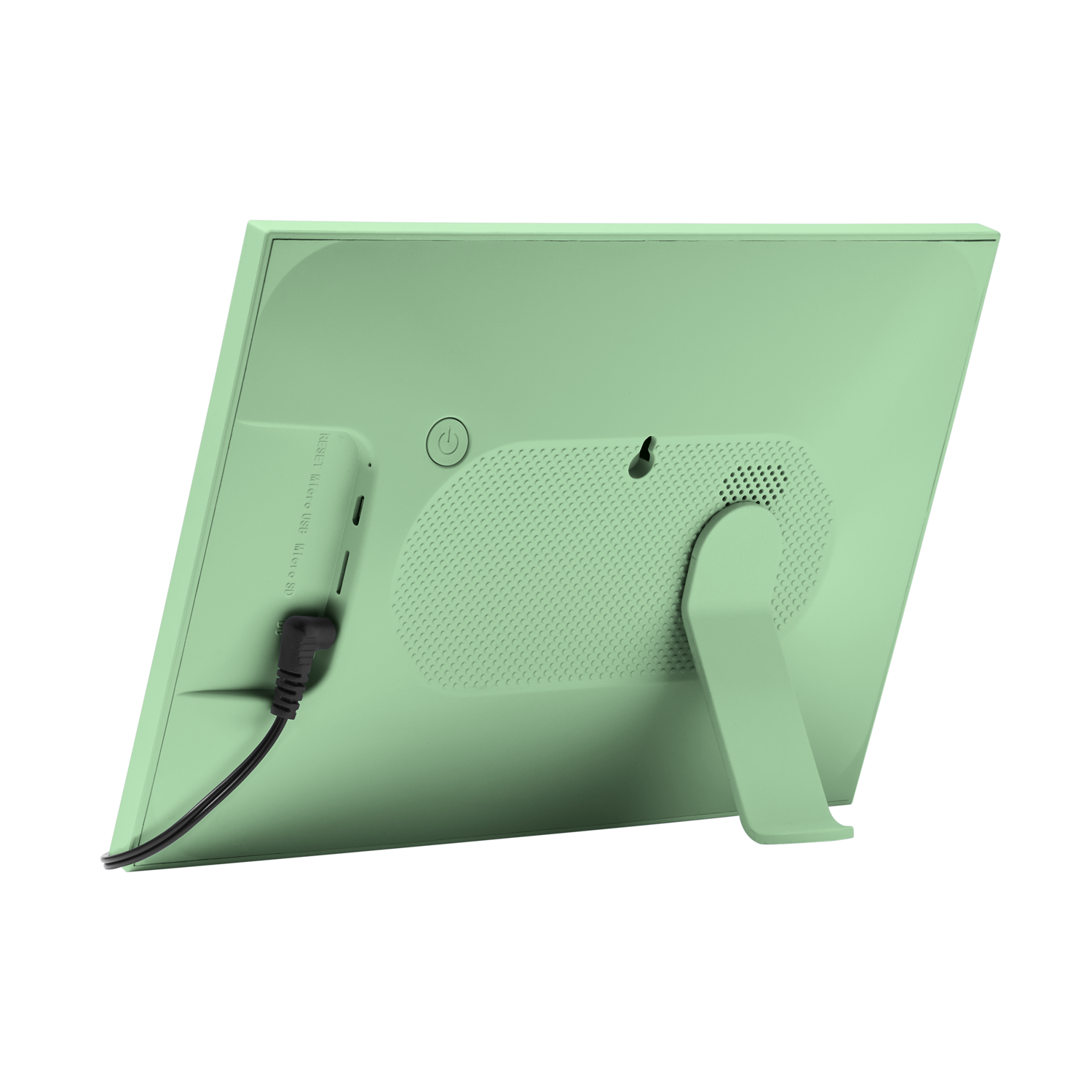 The back of a mint green digital photo frame, with ports.