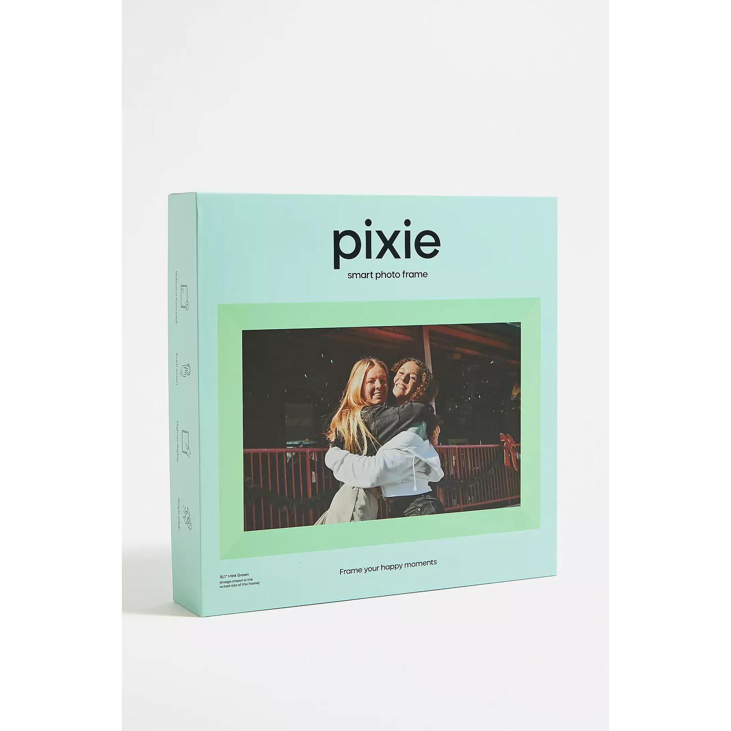 Pixie smart photo frame box with a photo of two women embracing.
