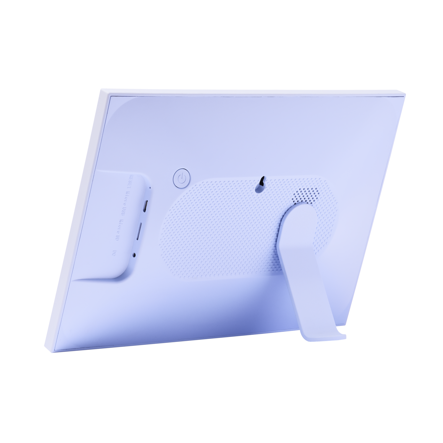 White digital photo frame, back view, with stand and ports.