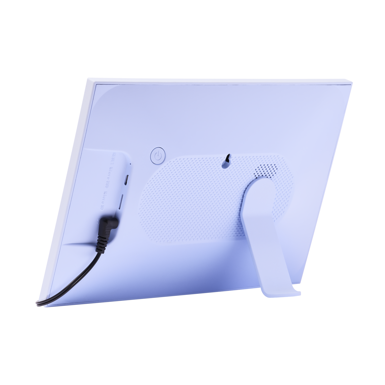 The back of a digital photo frame, with a power cord and a stand.