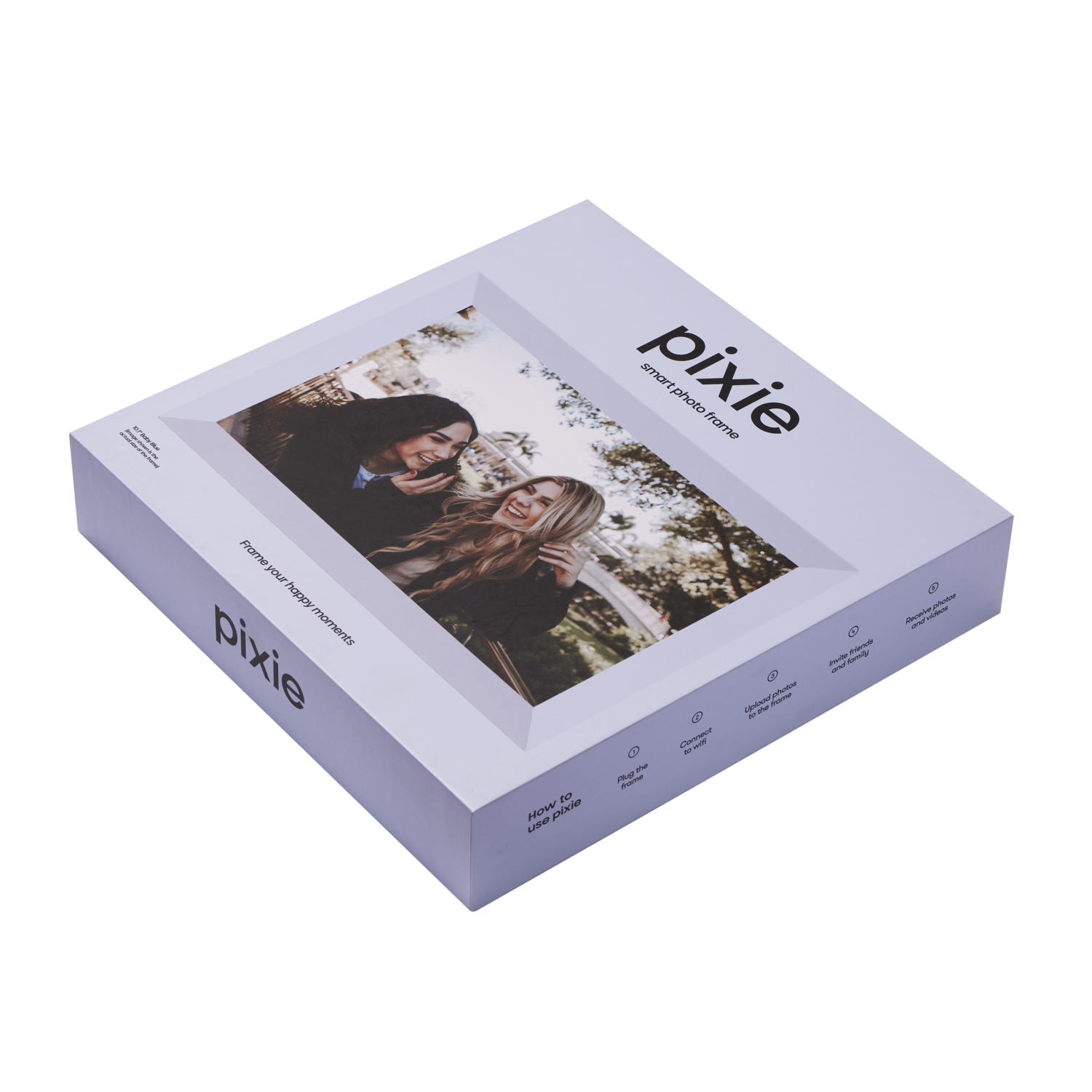 White box with a photo frame design. The frame shows two women smiling. The brand name is 'pixie'.