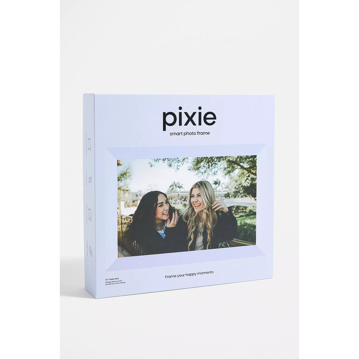 A white box with a picture of two women, with the word "pixie".