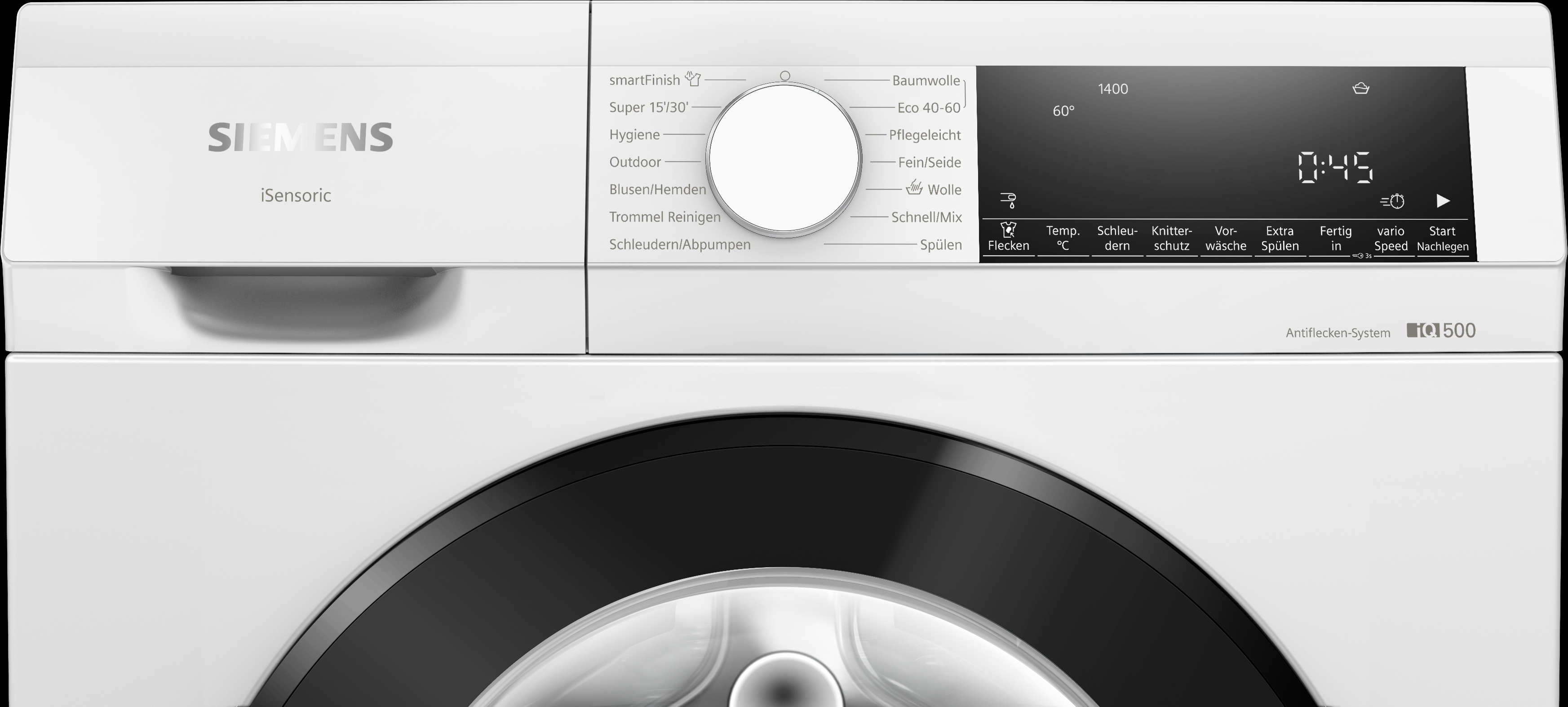 Nahaufnahme des Bedienfelds einer weißen Waschmaschine mit Digitalanzeige.
