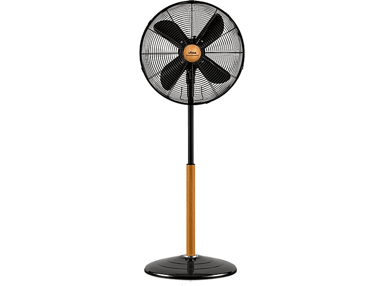 Ventilador de pie - Ufesa Masachusets, 50 W, 3 Velocidades, Altura ajustable hasta 125 cm, Negro y Haya