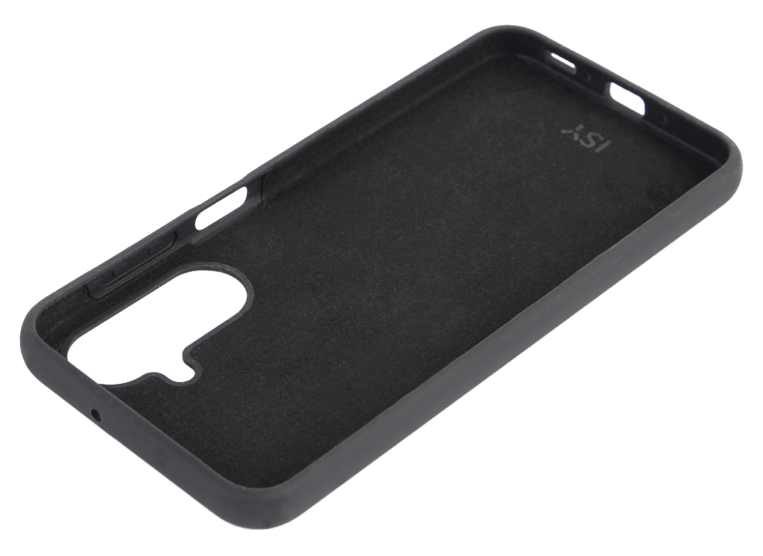 Interior de funda de teléfono negra. La superficie es oscura y texturizada, con un recorte para la cámara.