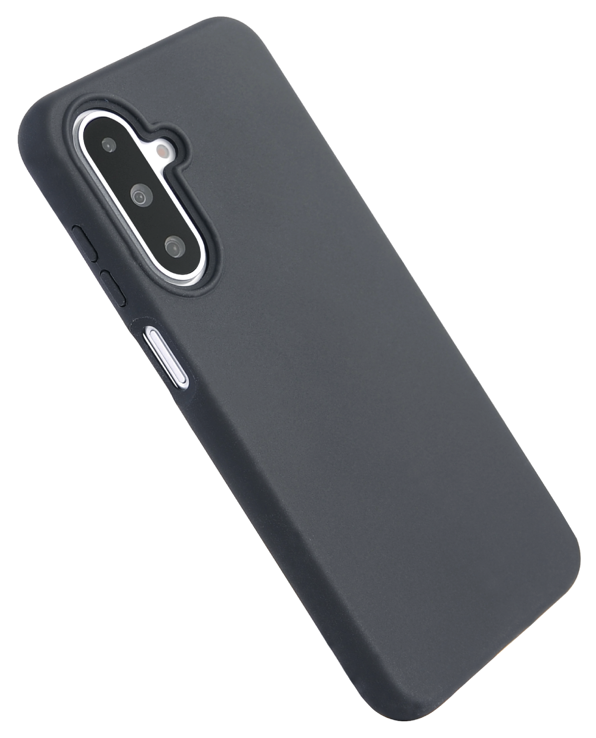 Una funda de teléfono gris oscuro con recortes para la cámara, un botón lateral y fondo negro.
