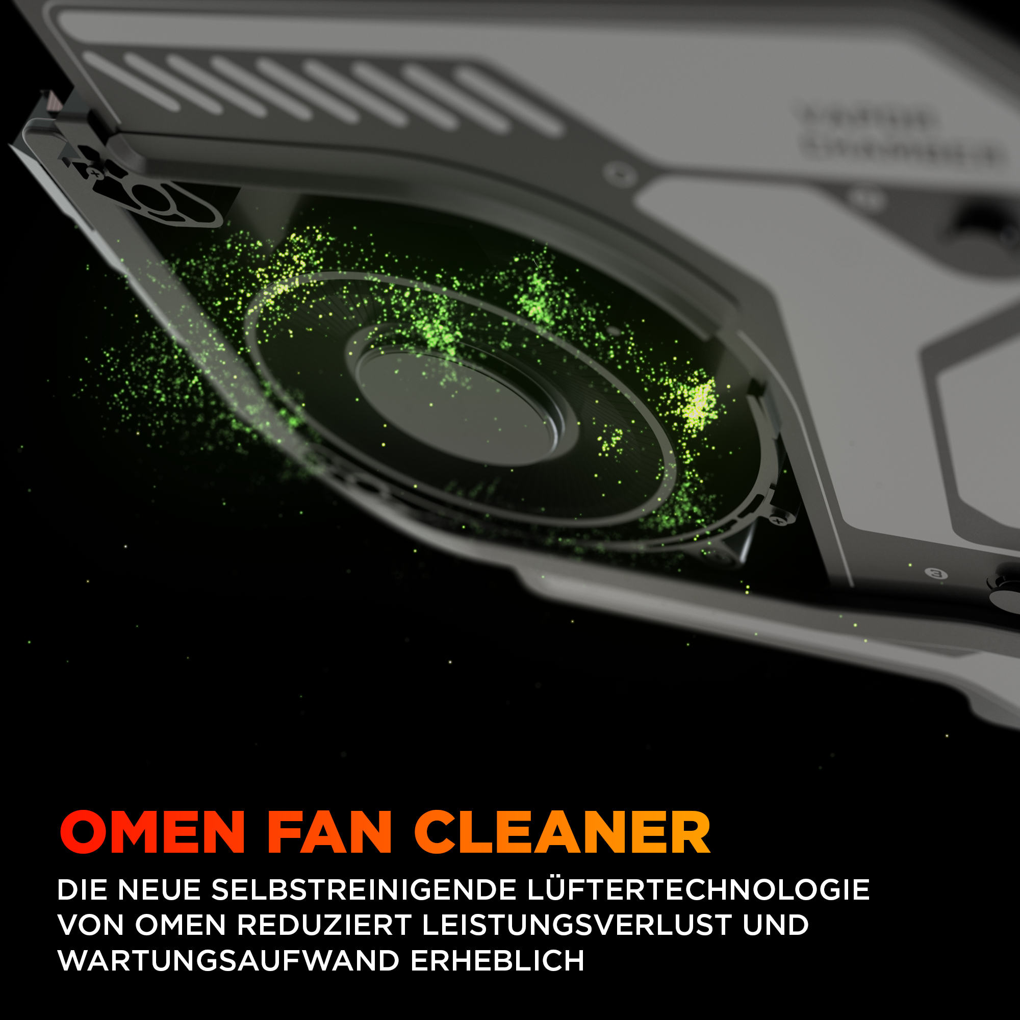 Lüfterreiniger, Text auf schwarzem Hintergrund mit grünen Partikeln.