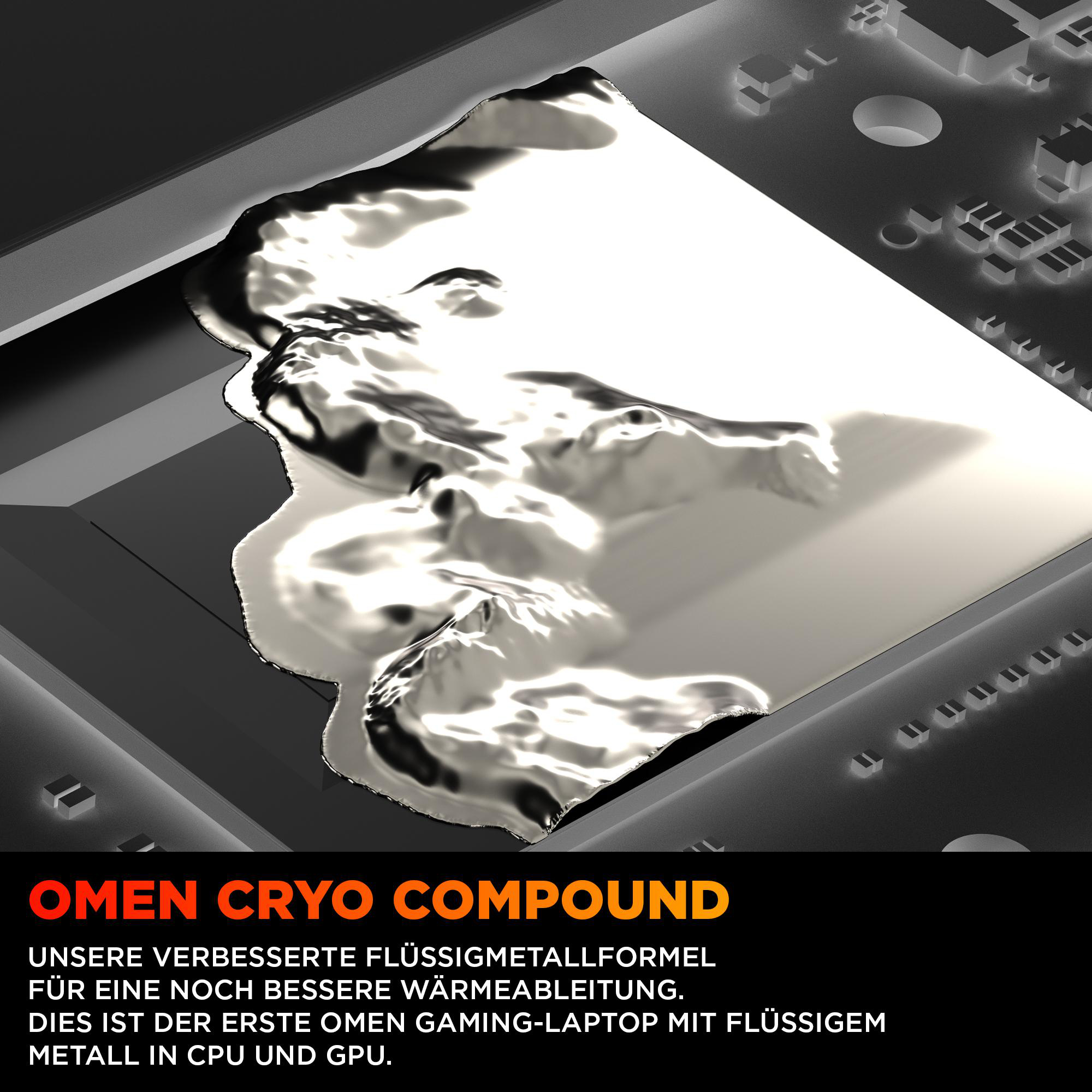 Omen Cryo Compound. Flüssigmetall-Verbindung auf CPU und GPU. Schwarzer Hintergrund.