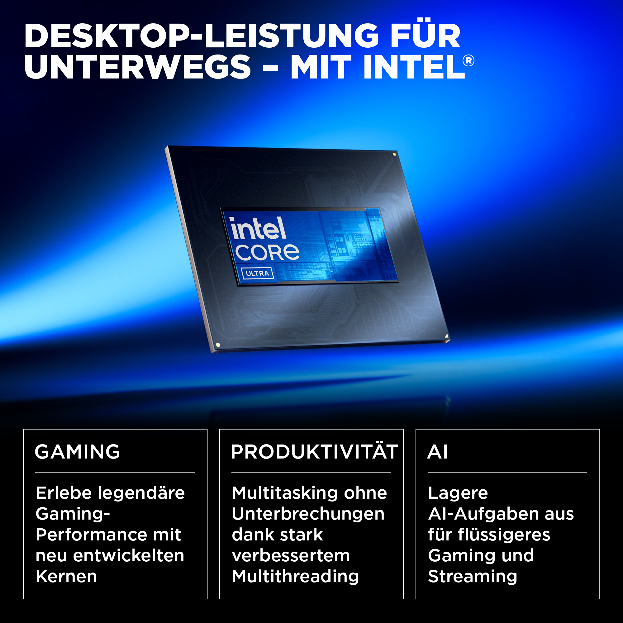 Intel Core Ultra Prozessor auf blauem Hintergrund mit Text.
