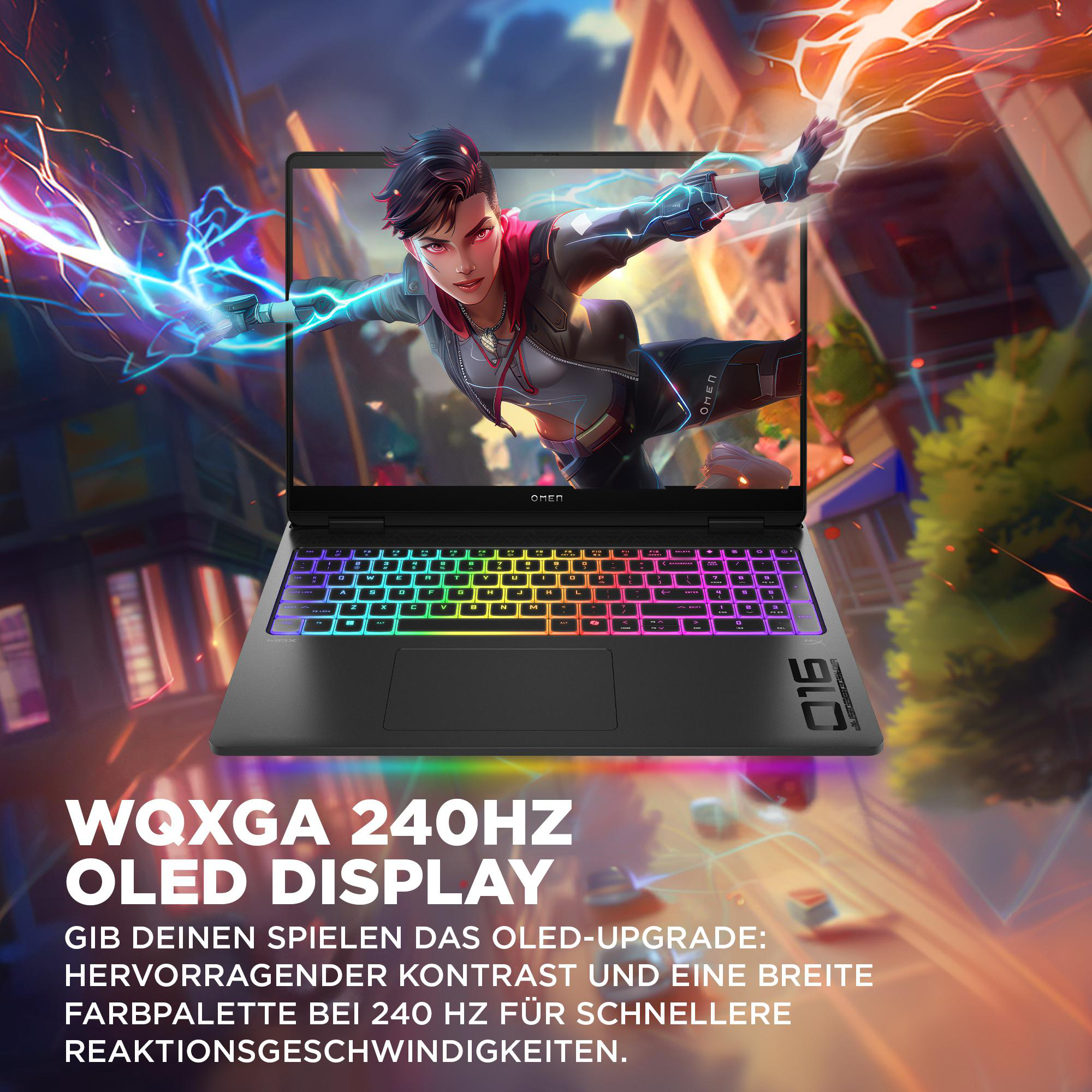 Gaming-Laptop mit lebendiger Tastaturbeleuchtung, Frau auf dem Bildschirm und Text darunter.