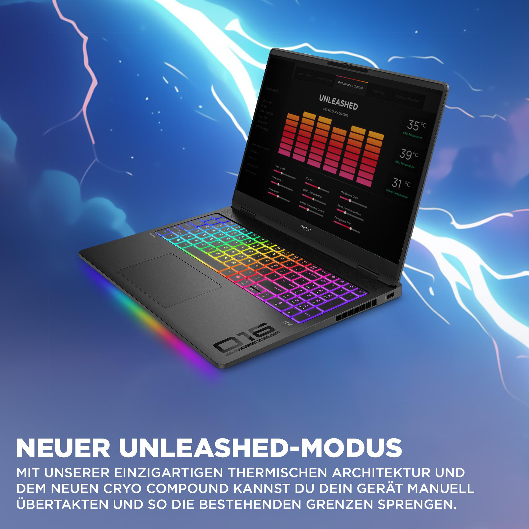 Laptop mit bunter Tastatur, blauem Blitz im Hintergrund, mit dem Text 'UNLEASHED'.