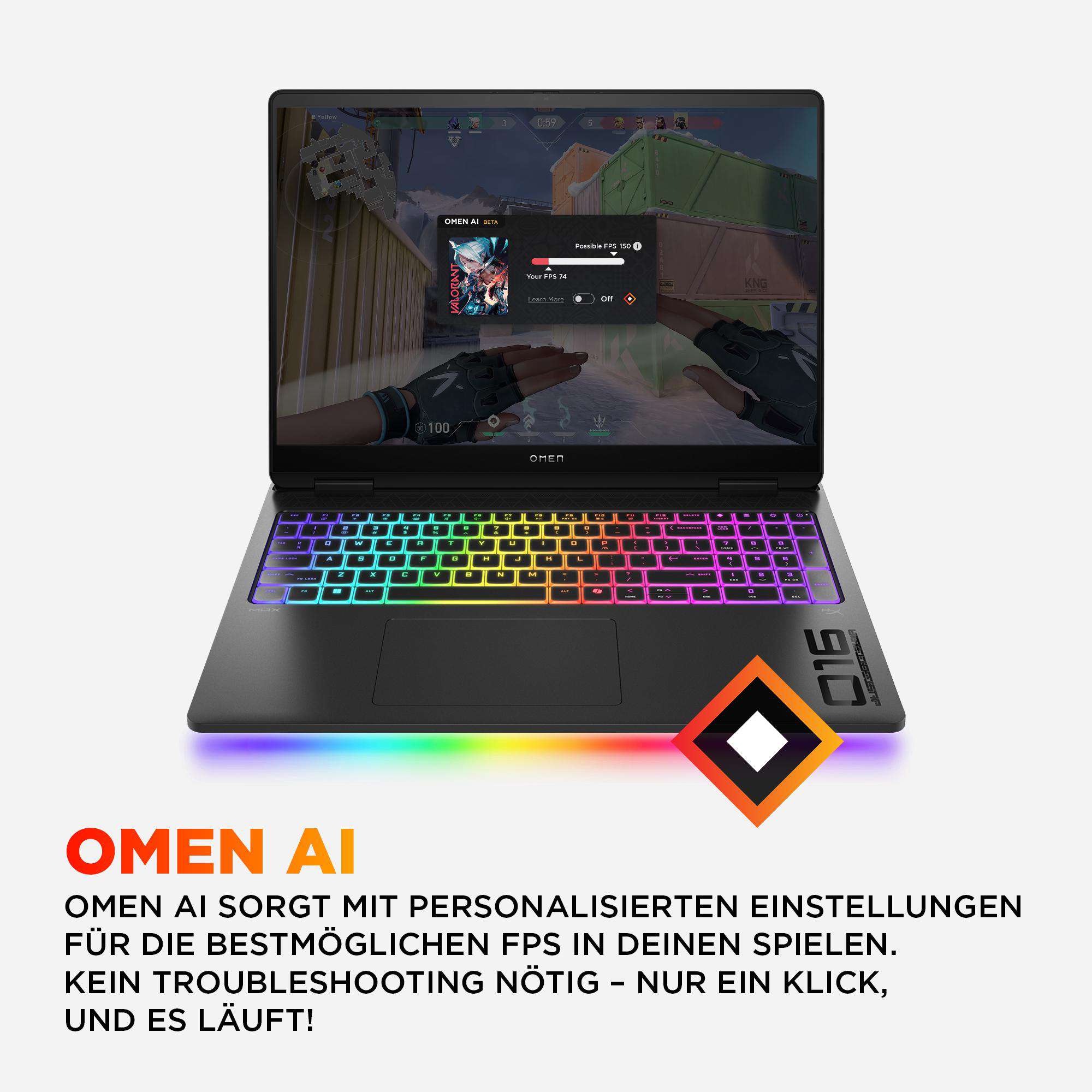 Ein Laptop mit bunter Tastatur. Text sagt "OMEN AI". Der Bildschirm zeigt eine Spieloberfläche.