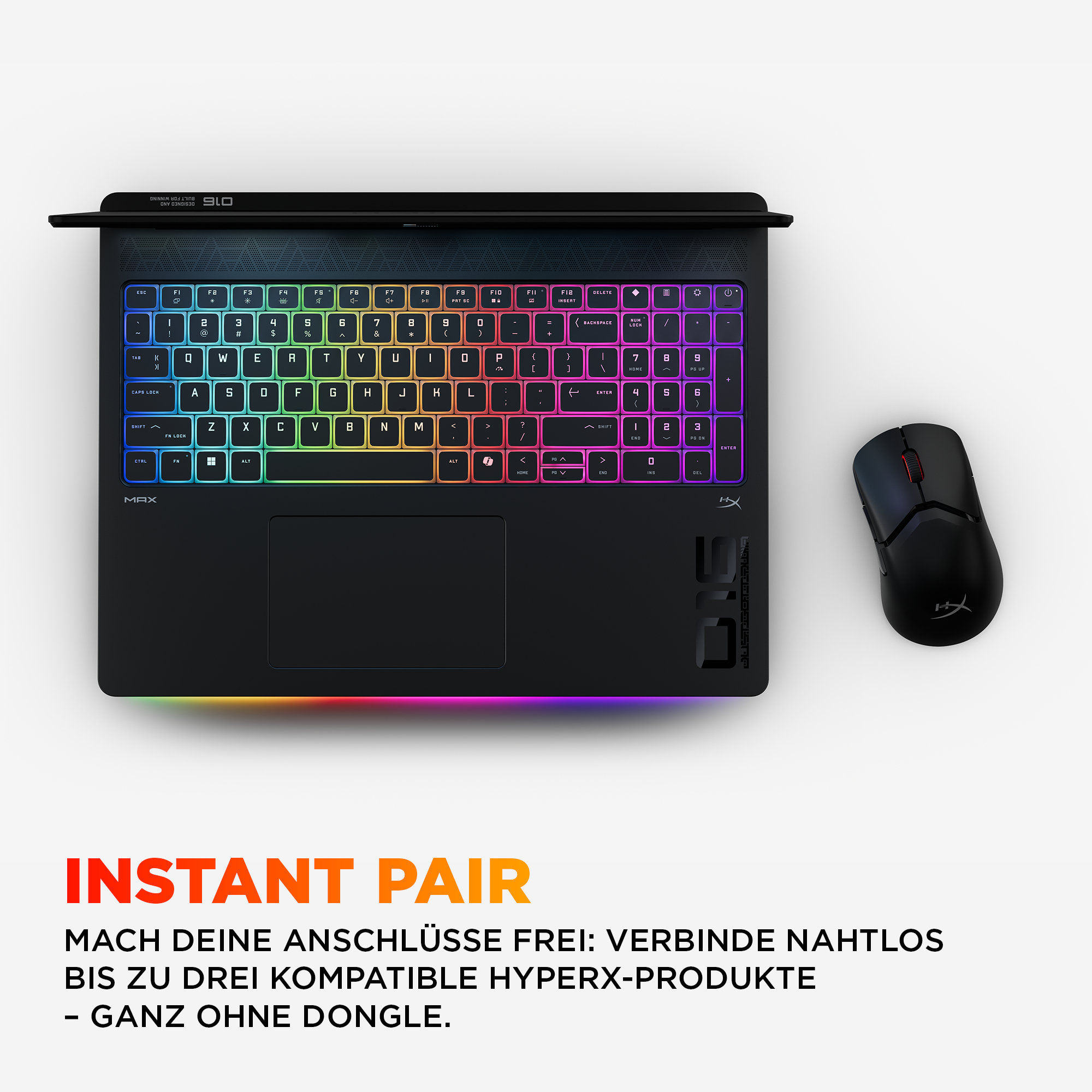 Eine Tastatur mit farbiger Beleuchtung und eine Maus. Text unten: INSTANT PAIR.