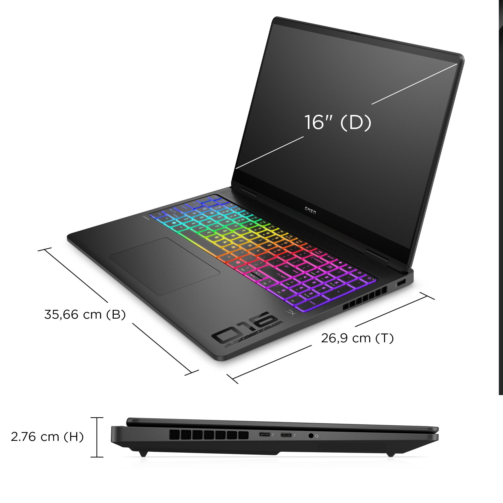 Schwarzer Laptop mit Abmessungen. Tastatur mit Regenbogenlichtern. Bildschirm zeigt '16" (D)'.