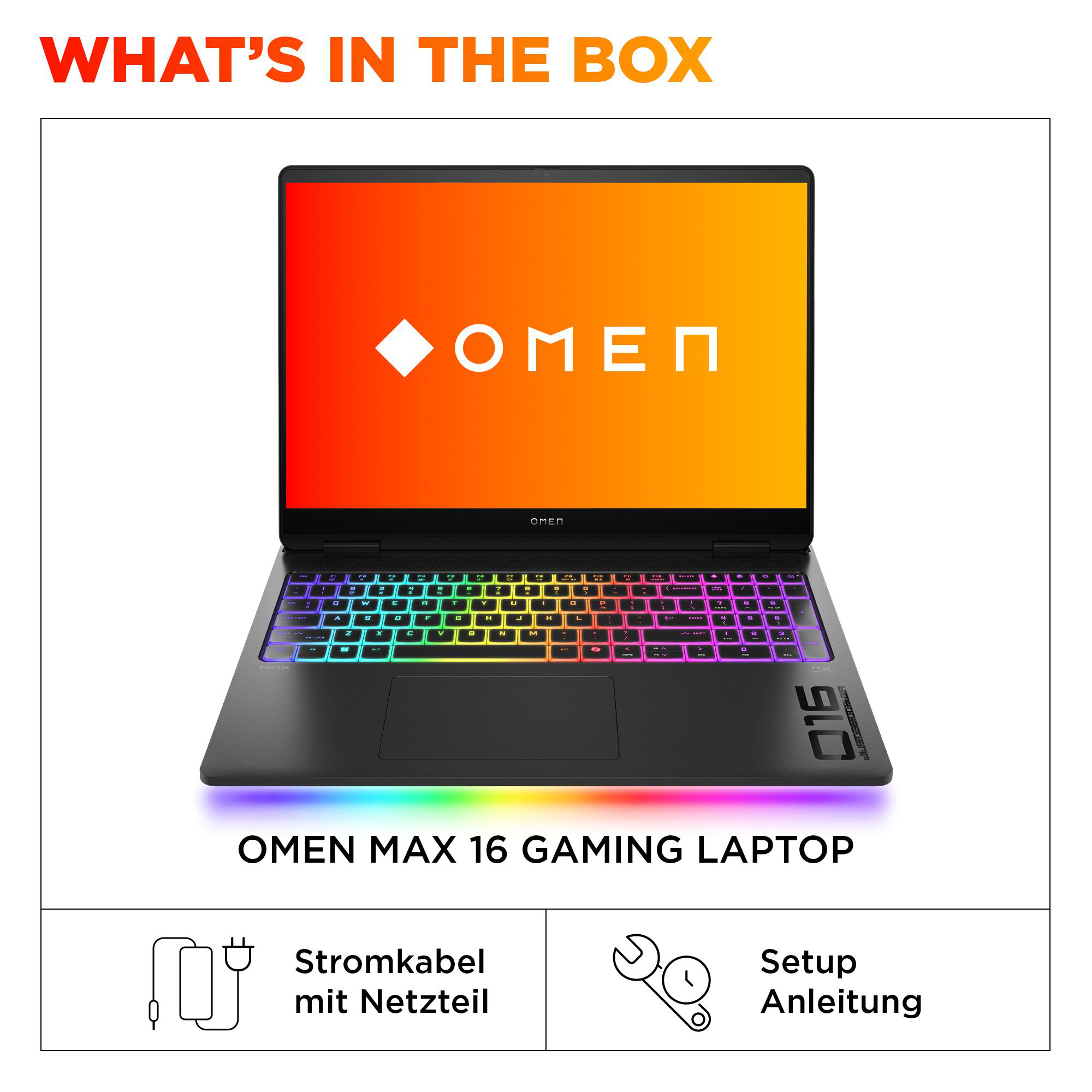 Omen Max 16 Gaming-Laptop mit farbenfroher Tastatur und Regenbogen-Lichtleiste.
