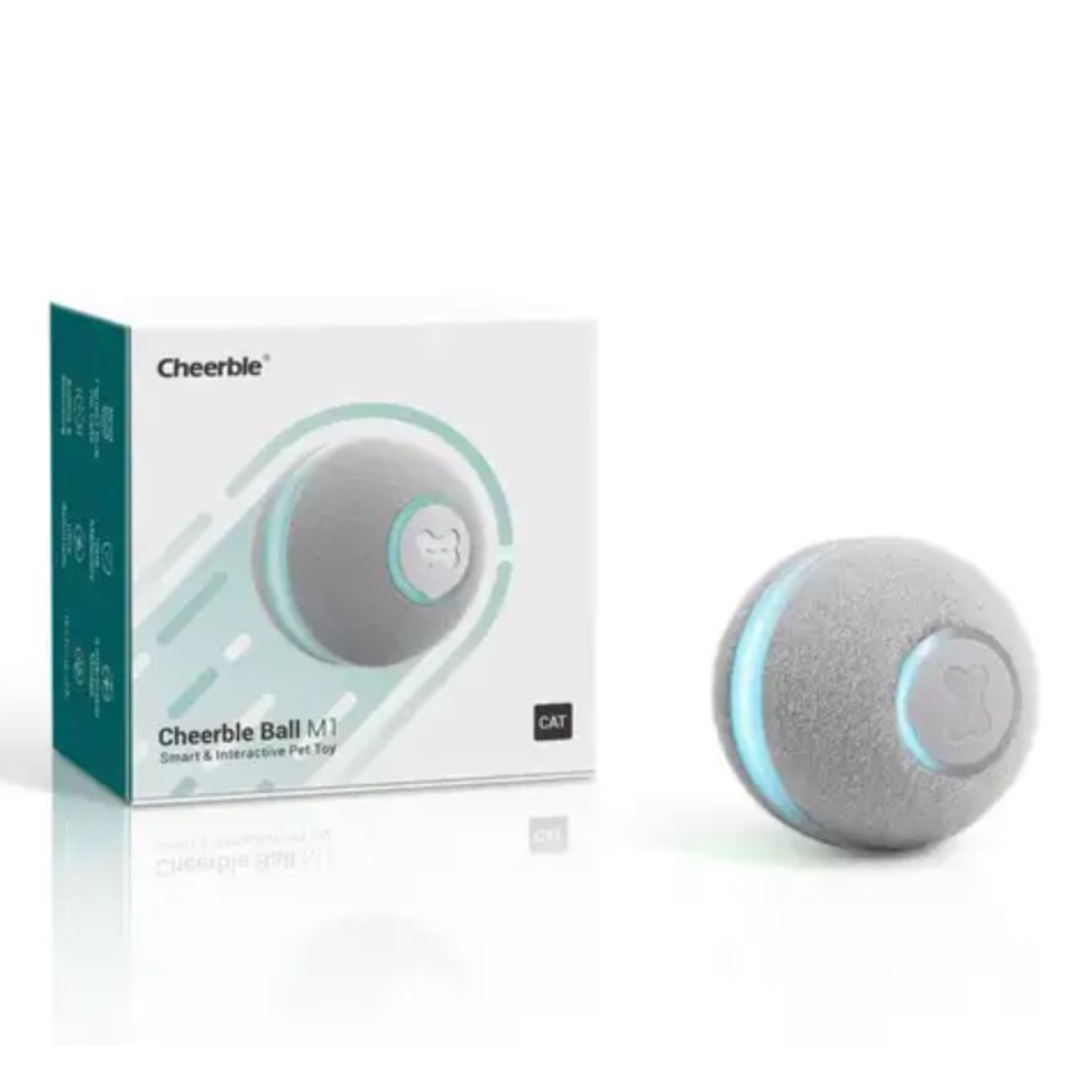 A gray and white cat toy. The toy has a blue light ring and is in a box with text.