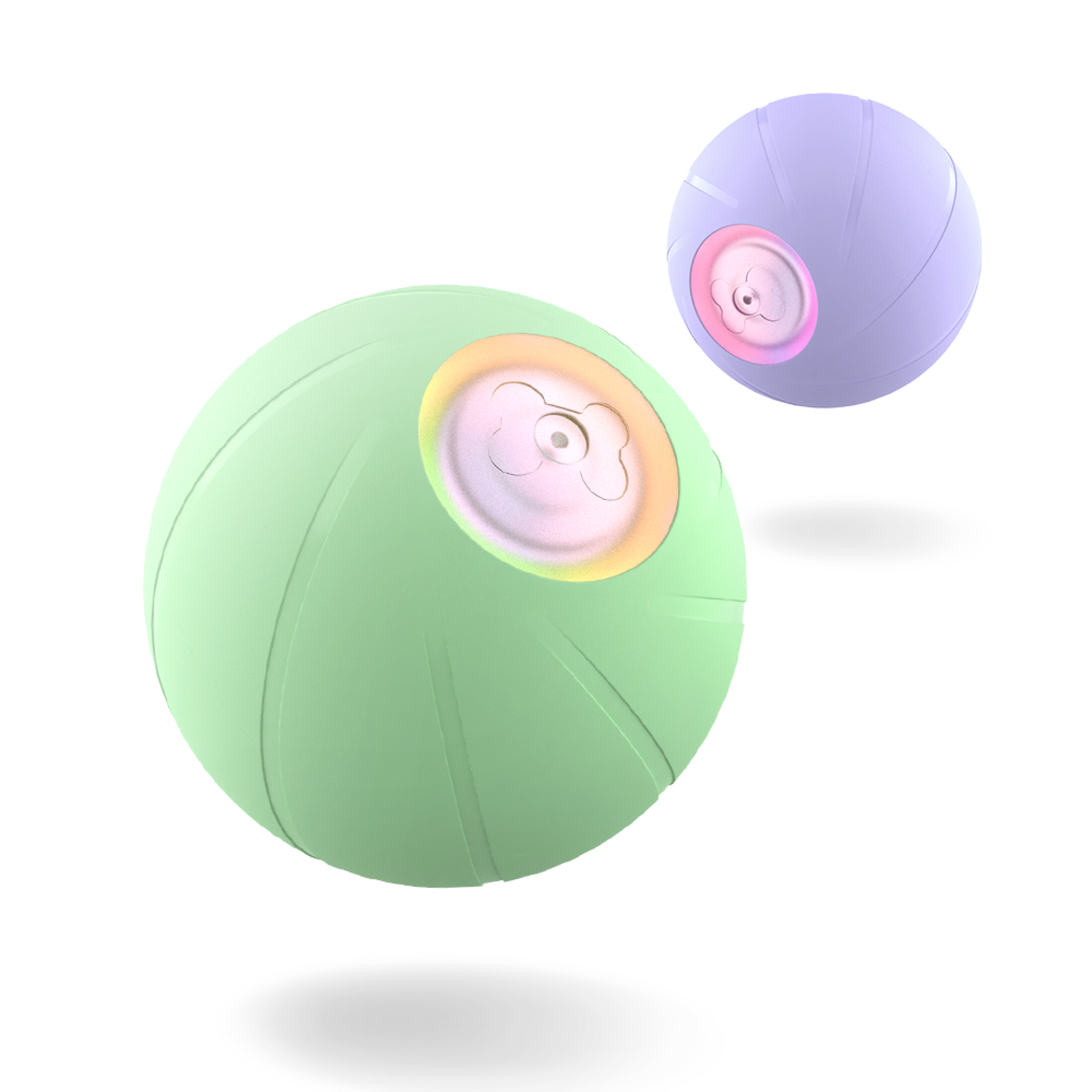 Two spherical, green and purple balls with lights inside, floating against a white background.