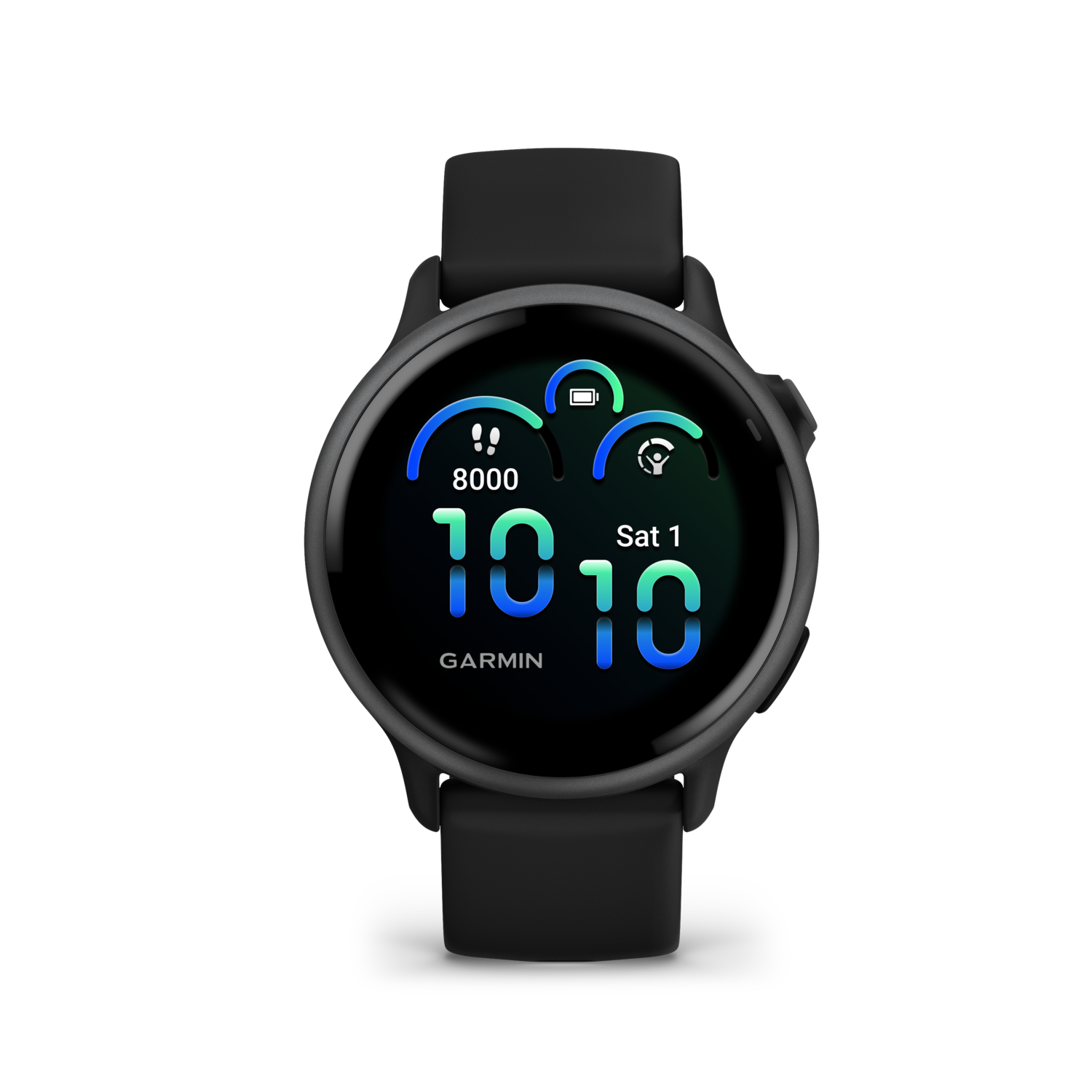 Zwarte Garmin smartwatch met een rond display. Toont tijd, datum en fitnessgegevens.