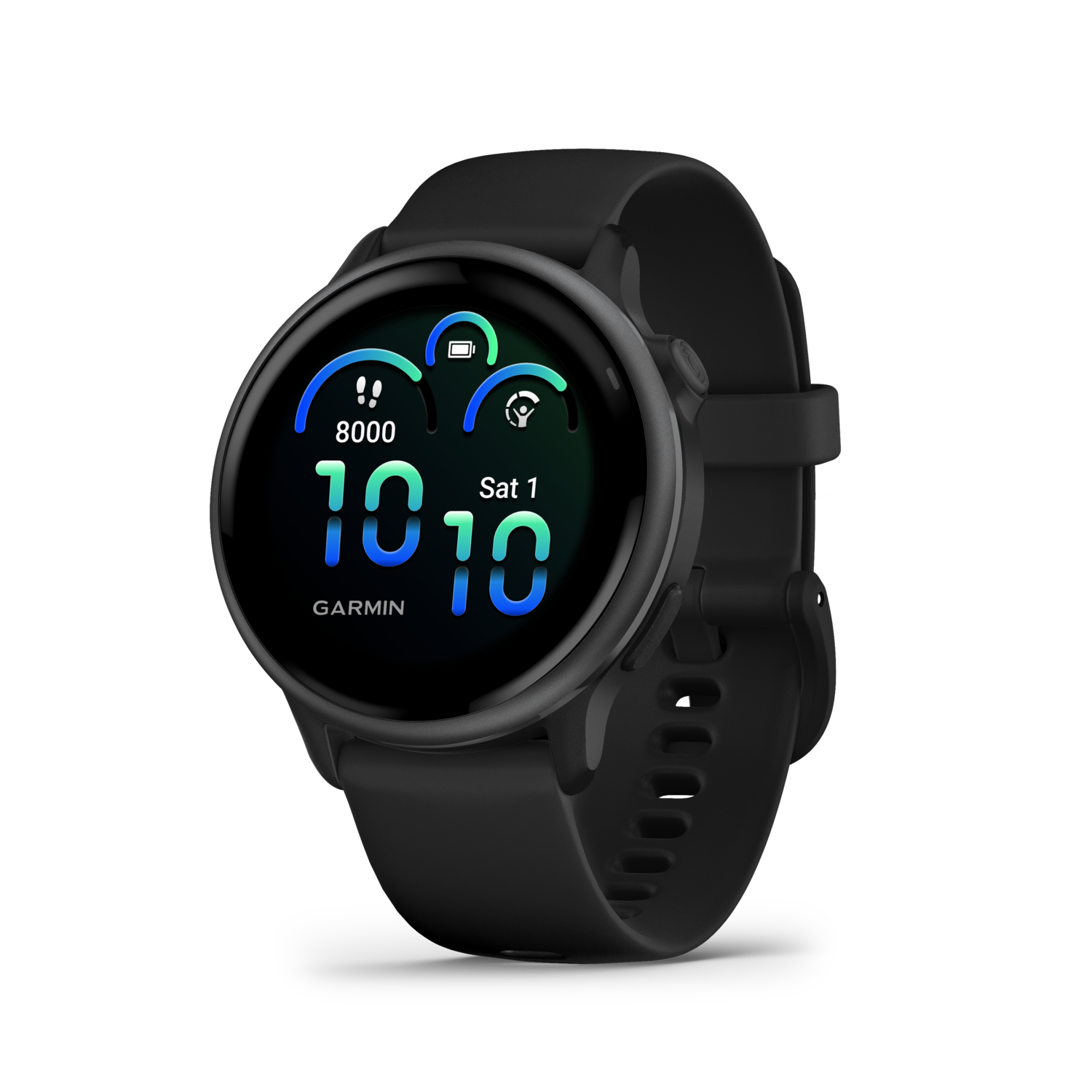 Montre intelligente Garmin noire avec un cadran rond. L'écran affiche l'heure, les pas et la date.