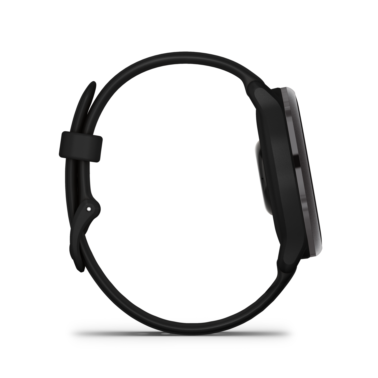 Smartwatch noire avec bracelet noir. Vue latérale montre le cadran et le bracelet.