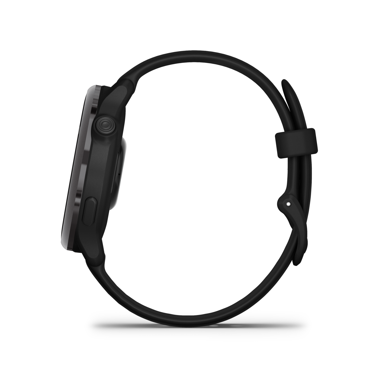 Montre intelligente noire, vue latérale, bracelet noir, lunette noire, sur fond noir.